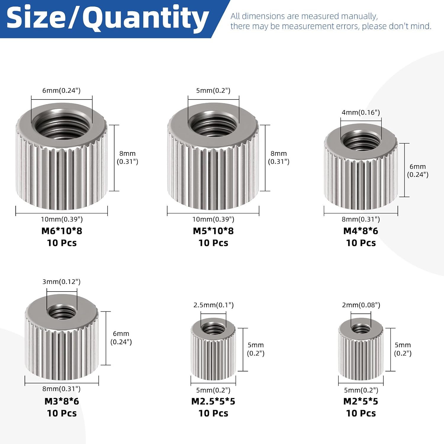 Glarks 60pcs M2/M2.5/M3/M4/M5/M6 Through Hole Knurled Thumb Nuts Kit, Carbon Steel Female Thread Thumb Nuts, Round Through Hole Lock Adjusting Nut for 3D Printer Parts, Mechanical Equipment