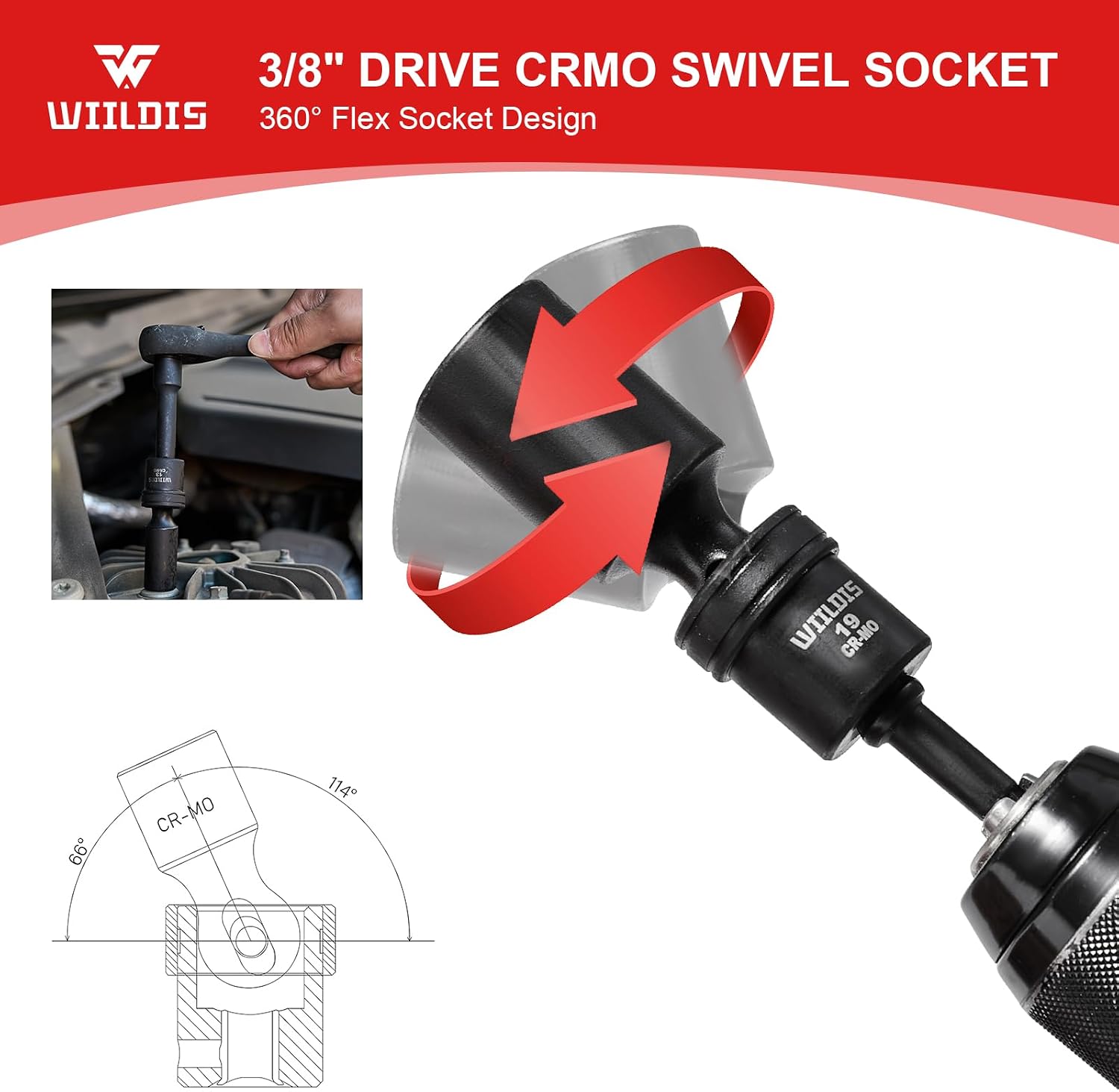 WIILDIS 14 Pieces 3/8" Drive Swivel Socket Set, Deep Universal Impact Socket Set, Metric(10-19mm) Flexible Magnetic Wobble Socket Set, 6 Point, CR-MO, 3", 6" Extension Bars, Socket Adapter