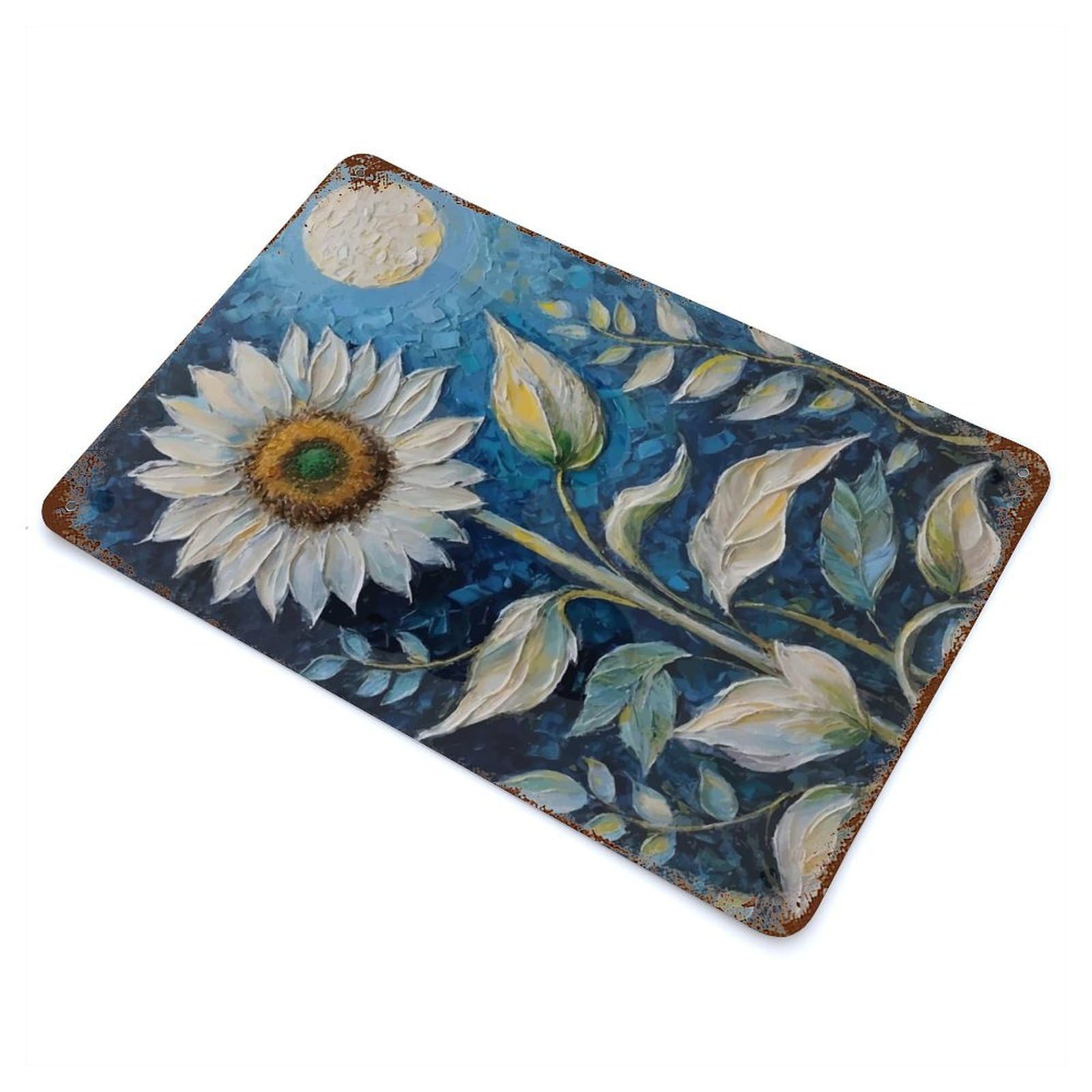 Sunflower And Moon Painting Rustic Tin Plaque 11.8"x7.9", Industrial Home Decor for Pub, Kitchen And Man Cave Decor