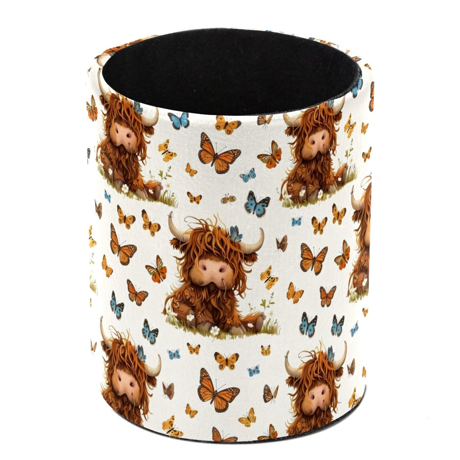 HEOEH Highland Cow Butterfly Pen Holder for Desk, PU Leather Pencil Holder Pen Cup Marker Holder Makeup Brush Holders, Desk Accessories & Workspace Organizers for Home, Office