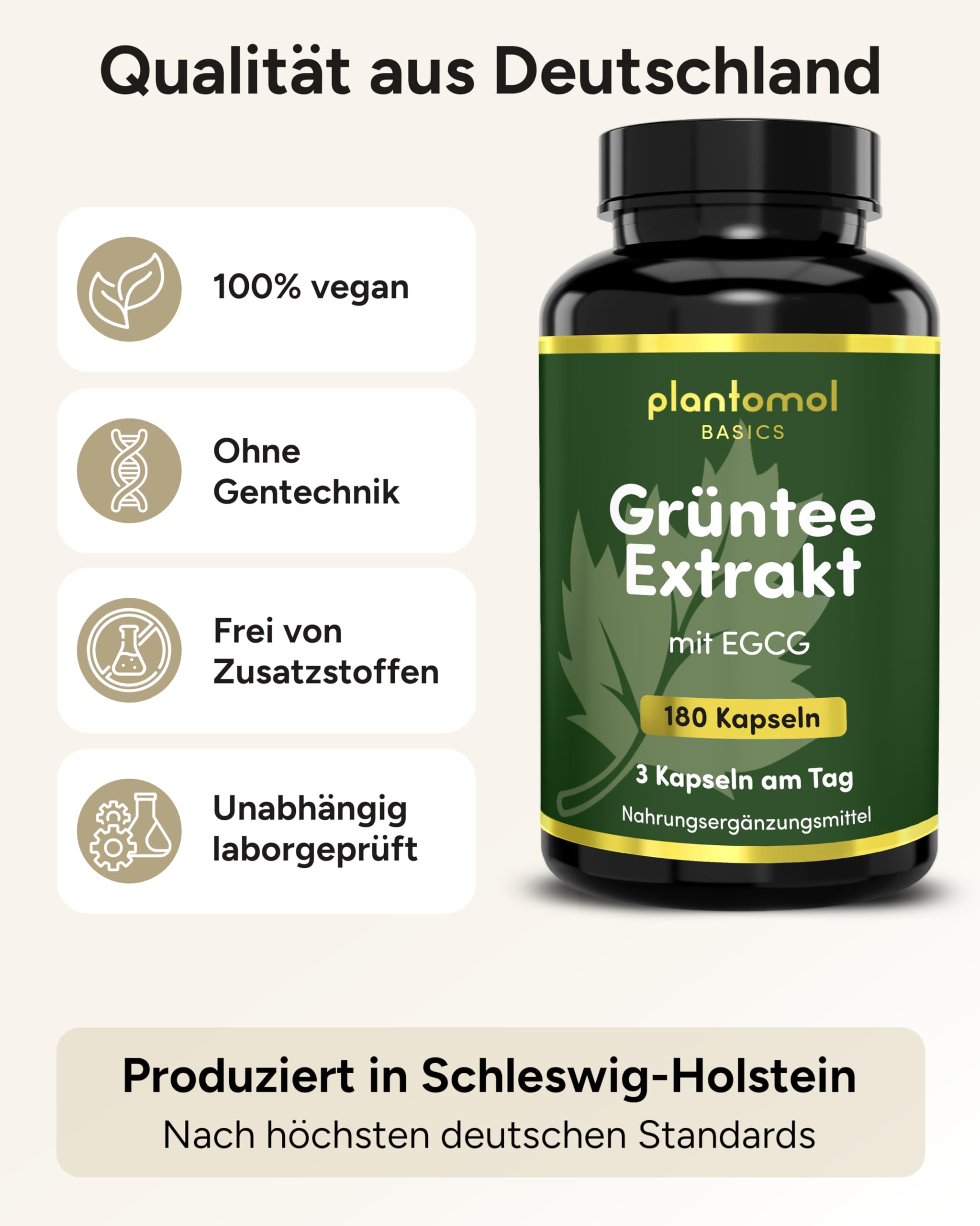 Grüner Tee Kapseln - 1050mg hochdosierter Grüntee Extrakt pro Tagesdosis - Superfood entkoffeiniert mit Epigallocatechingallat EGCG Kapseln hochdosiert aus Grüner Tee Extrakt - plantomol® Basics