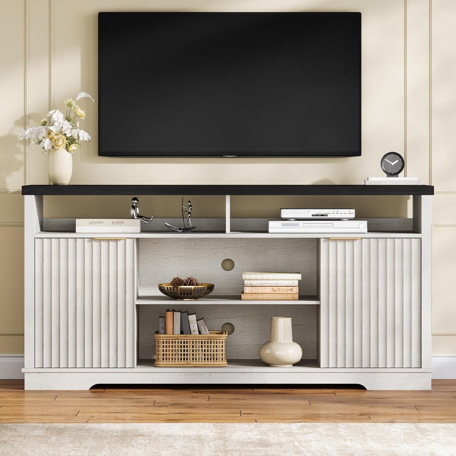 Modern TV Stand for TVs Up to 65 Inch, Fluted Entertainment Center with Storage Cabinet, TV Media Console Table with Adjustable Shelves for Living Room Bedroom, Black + White