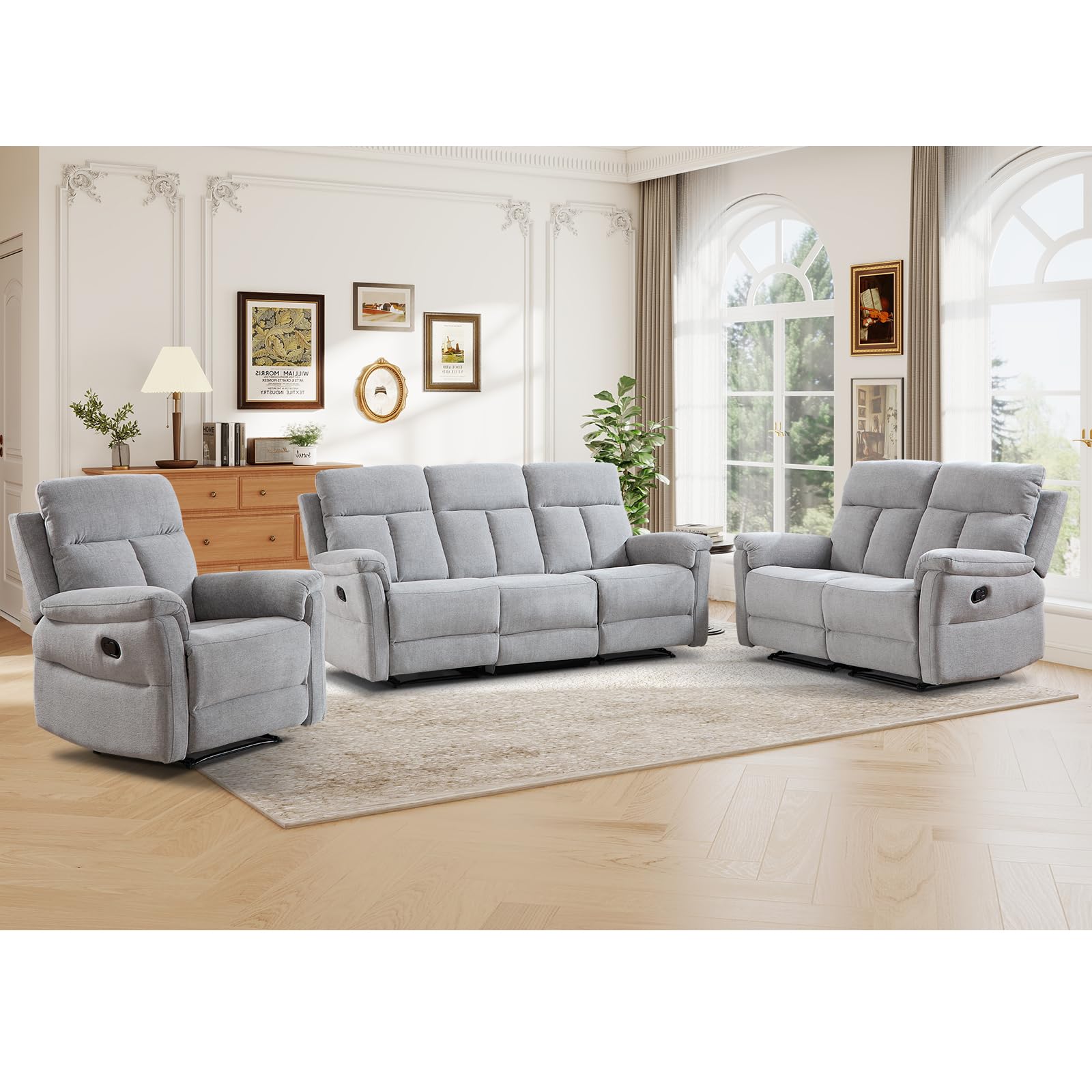 ANJ 3-Piece Manual Recliner Sofa Set, Recliner Chair, Reclining Loveseat and 3-Seat Sofa with Overstuffed Backrest and Supportive Backrest, Fabric Reclining Couch Set for Living Room, Silver