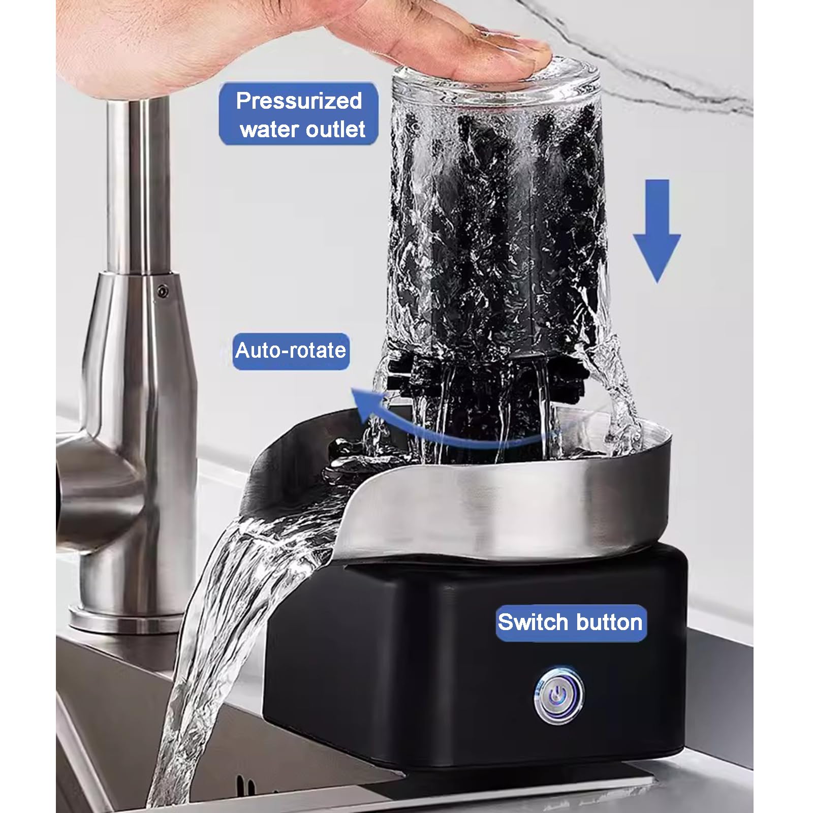 Lavabicchieri Automatico, Lavabicchieri Rotante a 360° con Spazzola, Ugello a Nove Fori, Accessori per Lavabicchieri per Rubinetti, per Lavello da Cucina, Bar, Caffetteria