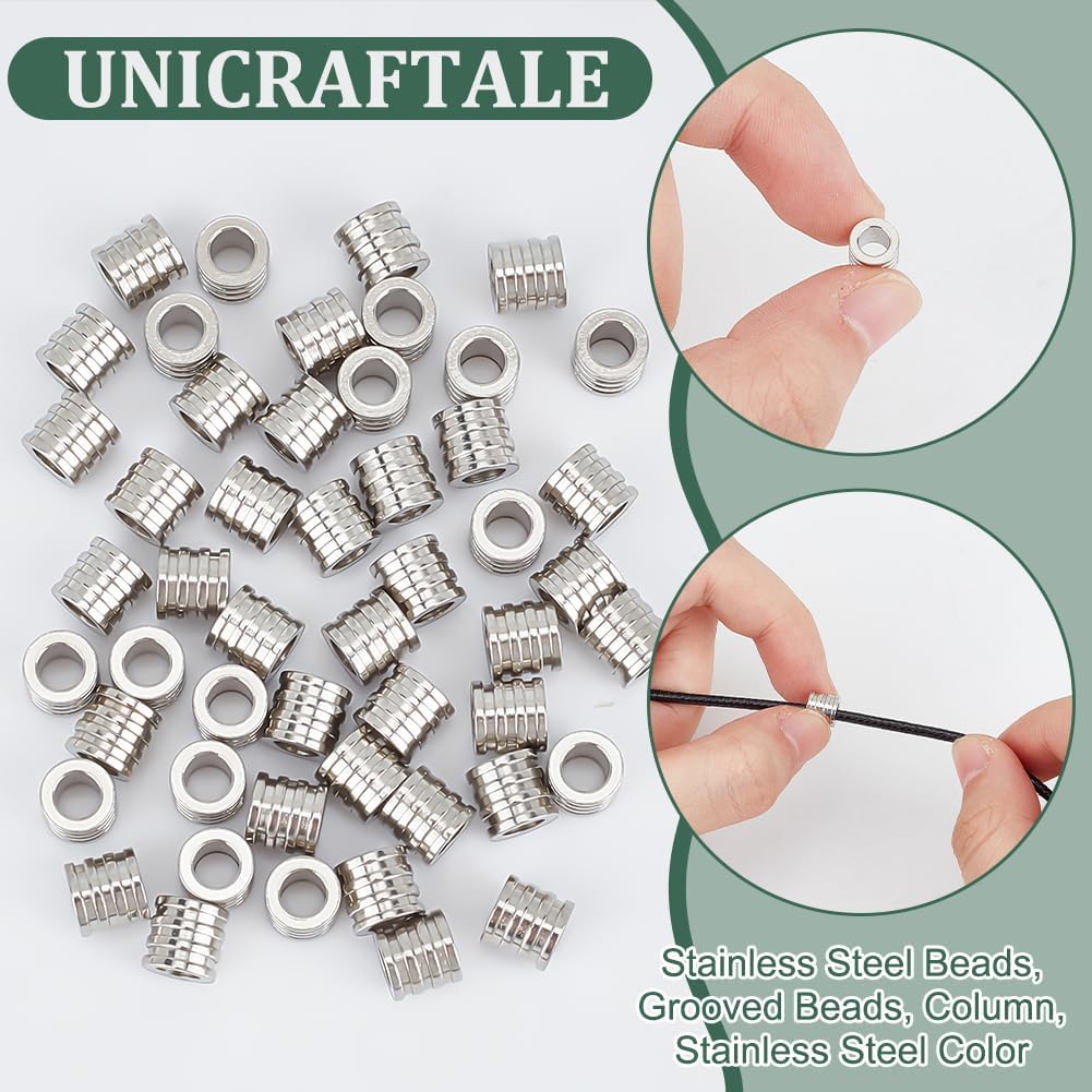 UNICRAFTALE 50pcs Paracord Bead Lanyard Beads Stainless Steel Spacer Beads Grooved Column Beads Tube Spacers Beads with 3.5mm Hole for DIY Knives Pendant Flashlight Bracelet Jewelry Making - Image 5