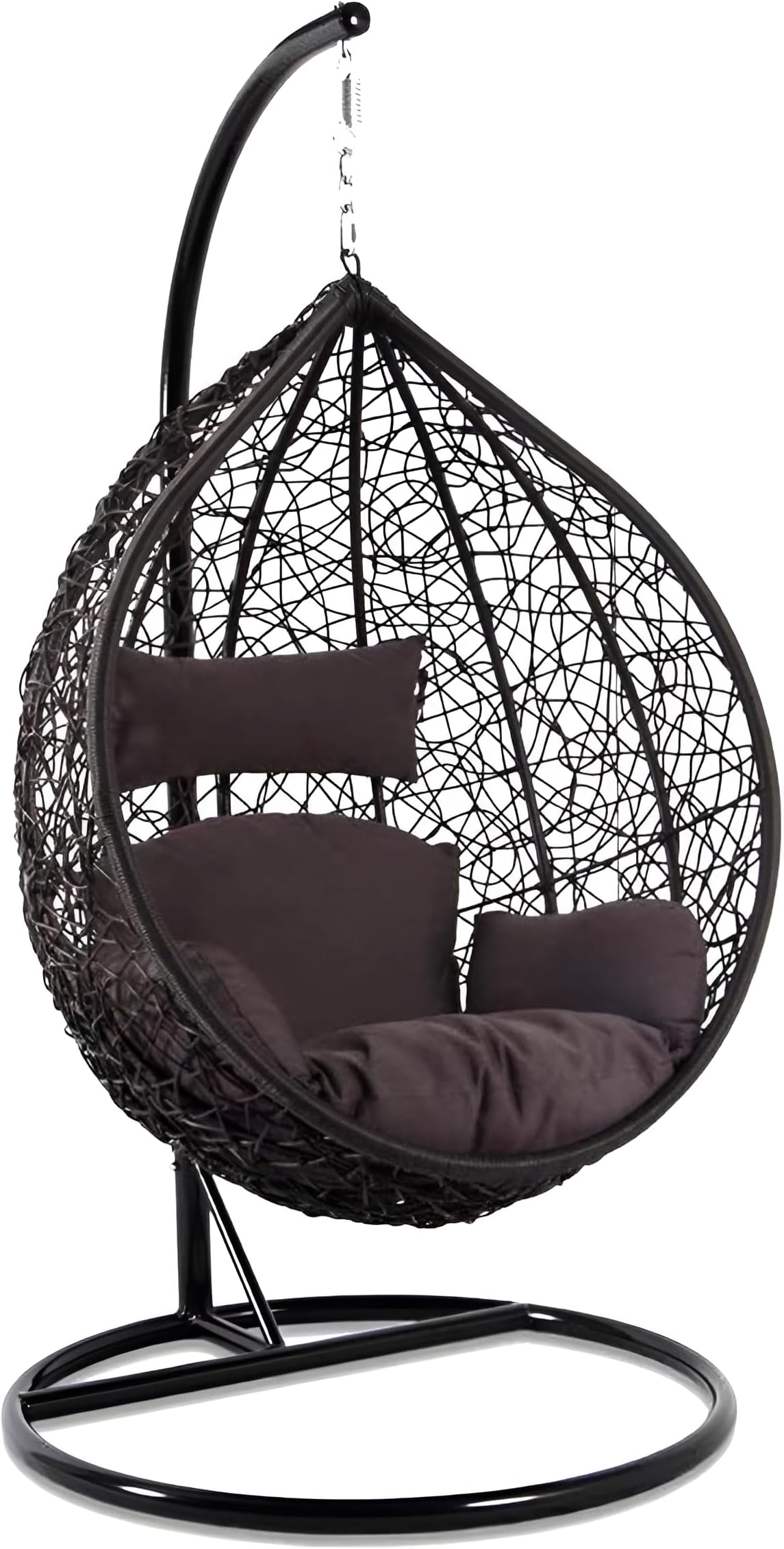 Hindoro Rattan Wicker Wrought Iron Single Seater Swing Chair with Stand & Cushion & Hook Outdoor || Indoor || Balcony || Garden || Patio || Living Outdoor Furniture (Black, Oval)