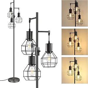 EDISHINE Dimmable Farmhouse Floor Lamp, Industrial Standing Lamp for Living Room, 3 LED Edison Bulbs Included, Black Corner Rustic Tall Tree Reading Lamps Home Decor for Bedroom, Office