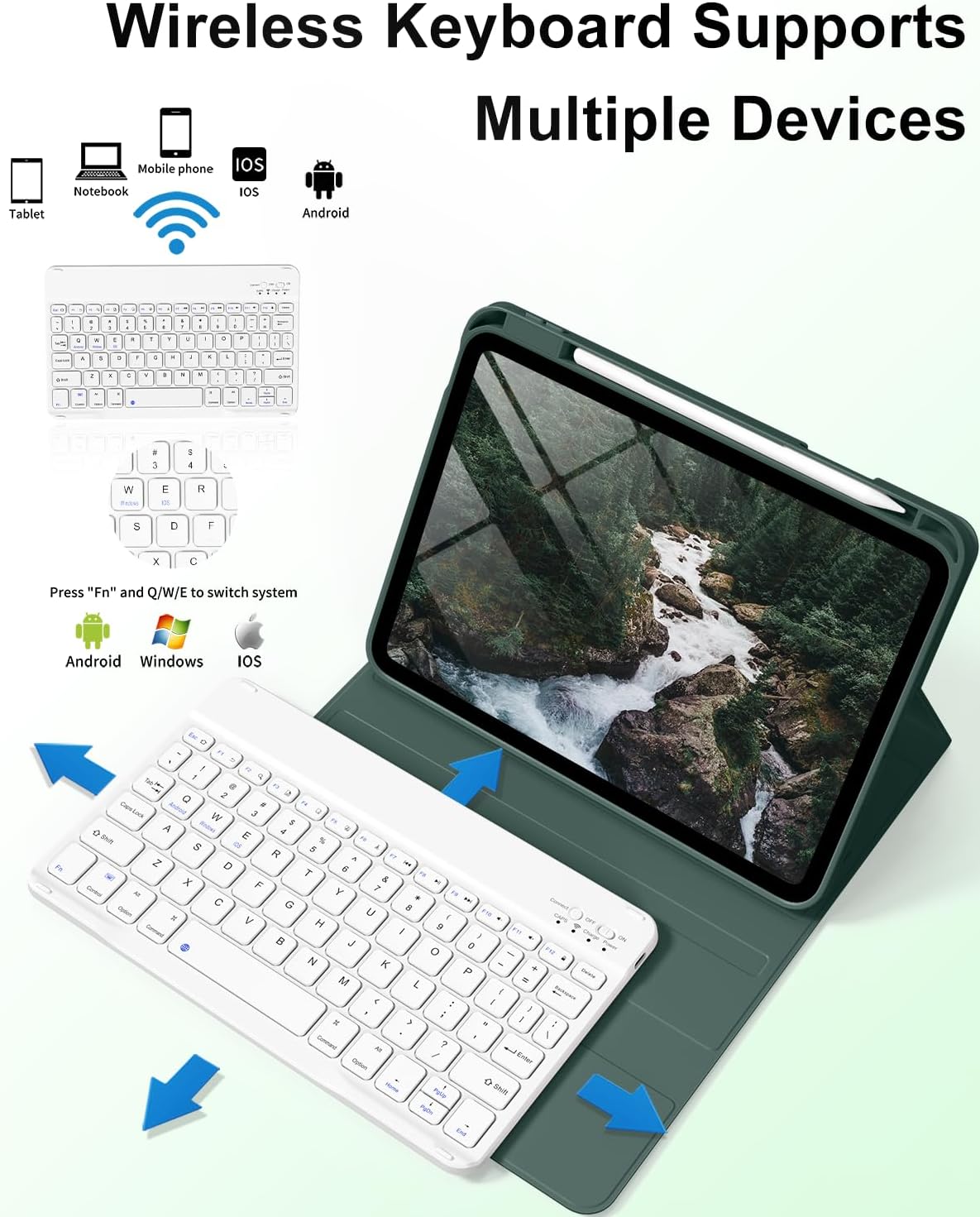 for iPad A16 11th 10th Generation Case with Keyboard - Wireless Detachable Folio Keyboard Cover with Pencil Holder for iPad 11/10.9 inch 2025/2022 (Dark Green)