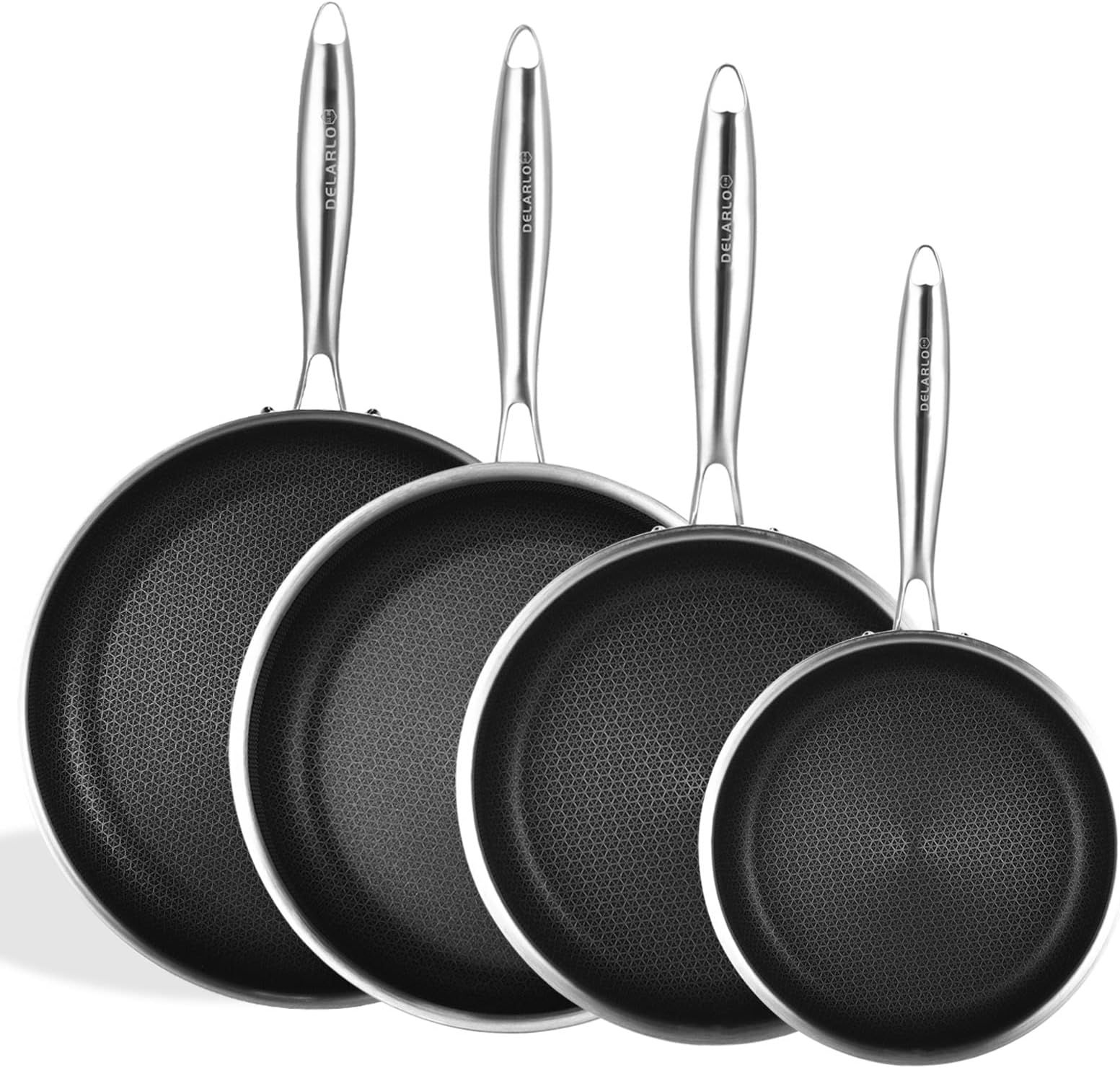 DELARLO Stainless Steel Frying Pan set 7”, 8”, 10”, 12” Non-Stick Chef's pan Oven safe induction skillet,pots and pans set,Suitable for All Stove