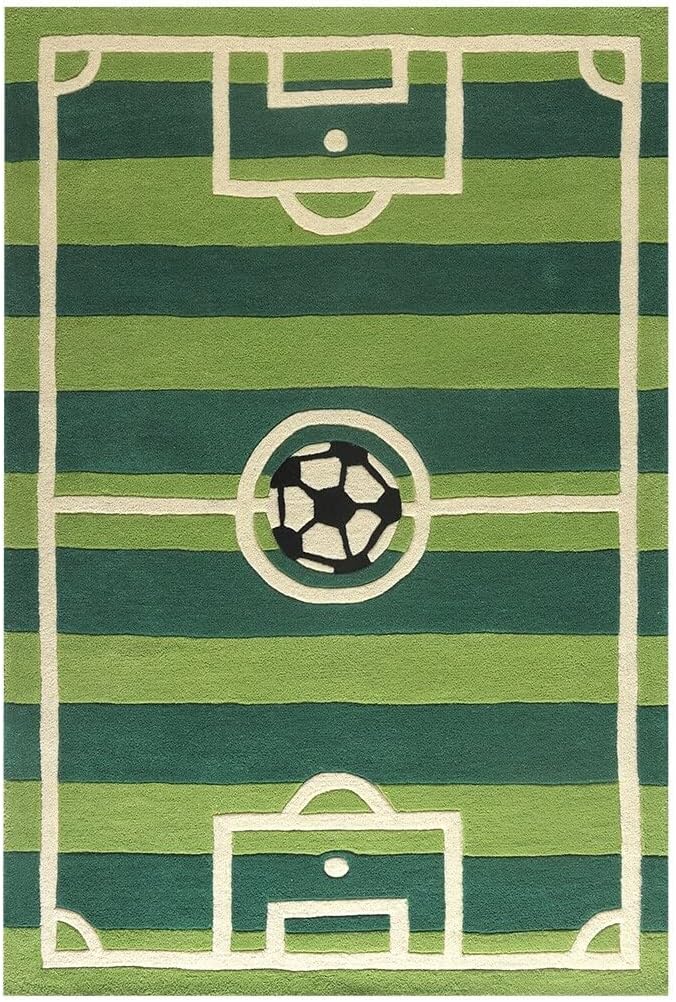 Handmade Tufted Wool Kids Soccer Field Area Rug – Green Sports Carpet for Children’s Bedroom, Playroom & Nursery (4x6)
