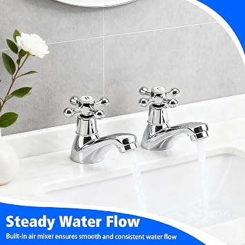 Basin Pillar Taps Pair Twin Bathroom Sink Taps | Traditional Victorian Chrome Brass Cross Lever Hot and Cold Tap Separate 2 Holes 1/4 Turn Crosshead Bath Faucet Set