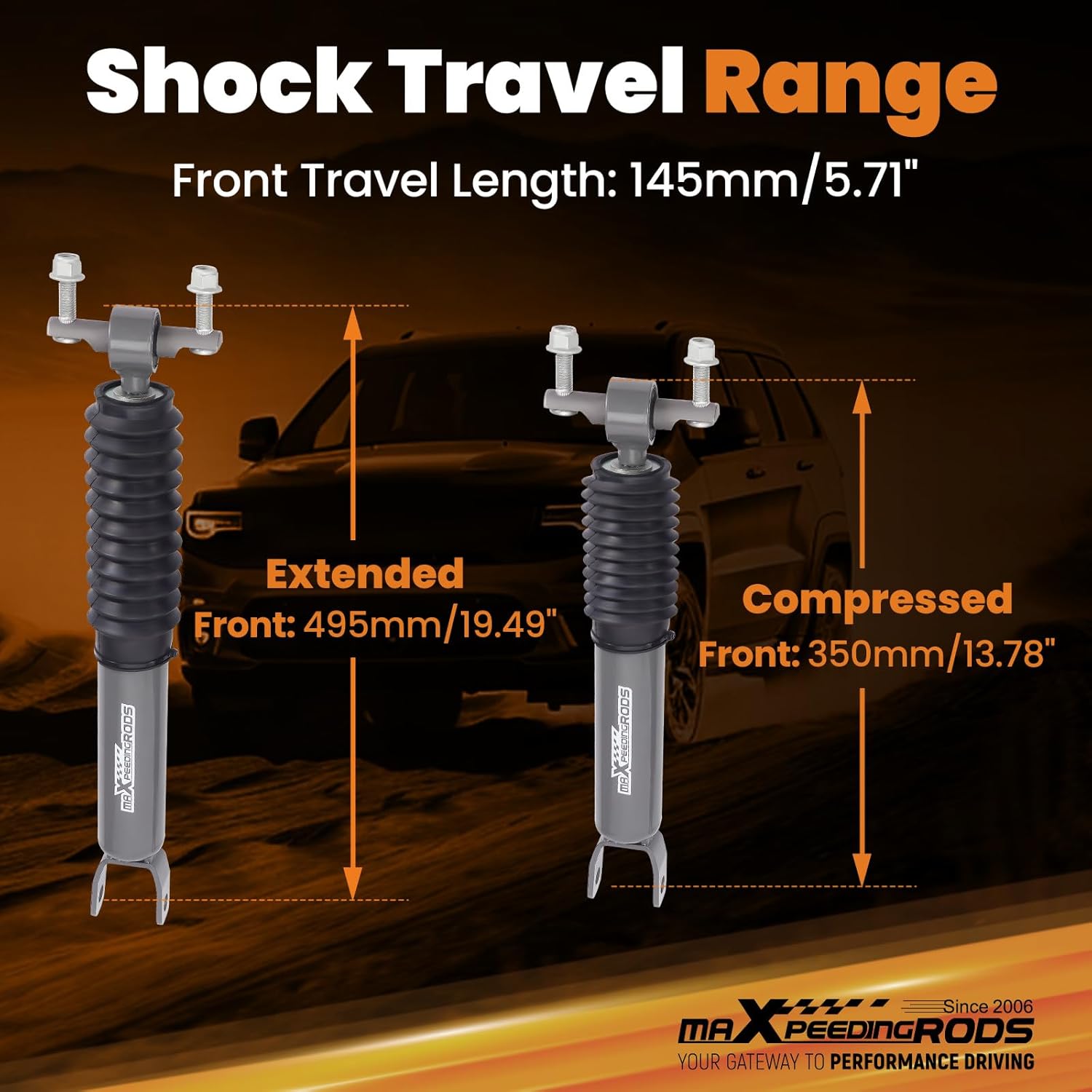 Diagram showing the extended and compressed lengths of the front shock absorber, with measurements of 495mm (19.49 inches) extended and 350mm (13.78 inches) compressed, resulting in a 145mm (5.71 inches) travel length.