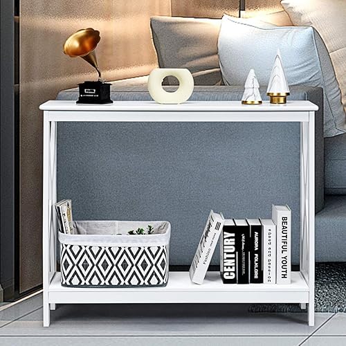 Miniatura 4 de DORTALA Mesa consola de 2 niveles con estante de almacenamiento, estantería X-Design, mesa de acento estrecha para entrada, pasillo, sala de estar,