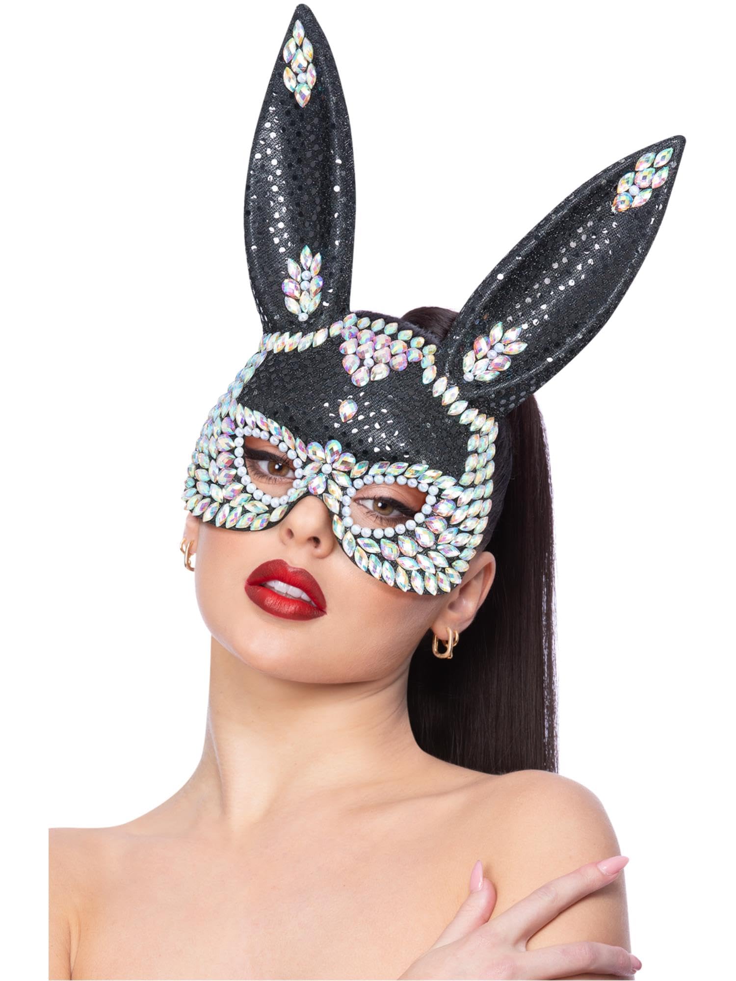 Smiffys Fever Black Jewel Sequin Rabbit Mask, Fever Accessories Fancy Dress, Rabbit/Bunny Dress Up Masks Halloween