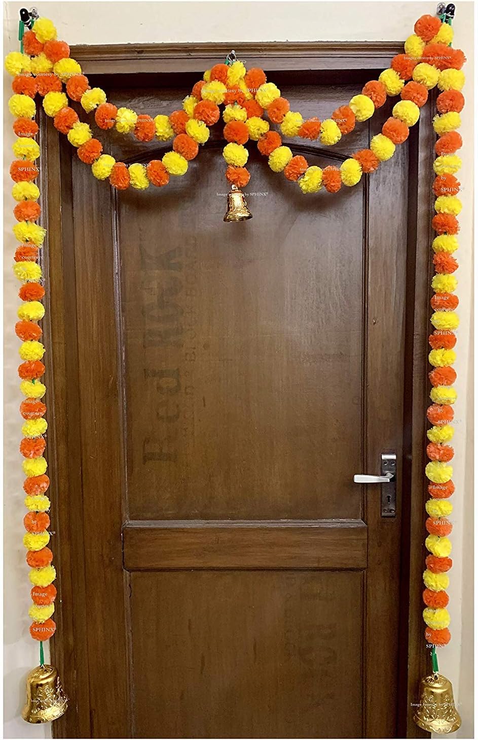 SPHINX Artificial Marigold Fluffy Flowers Garlands Double line Door Toran Set/Door Hangings for Home Office Decoration (Approx. 100 X 152 cms) Set of 1 (Yellow & Dark Orange)