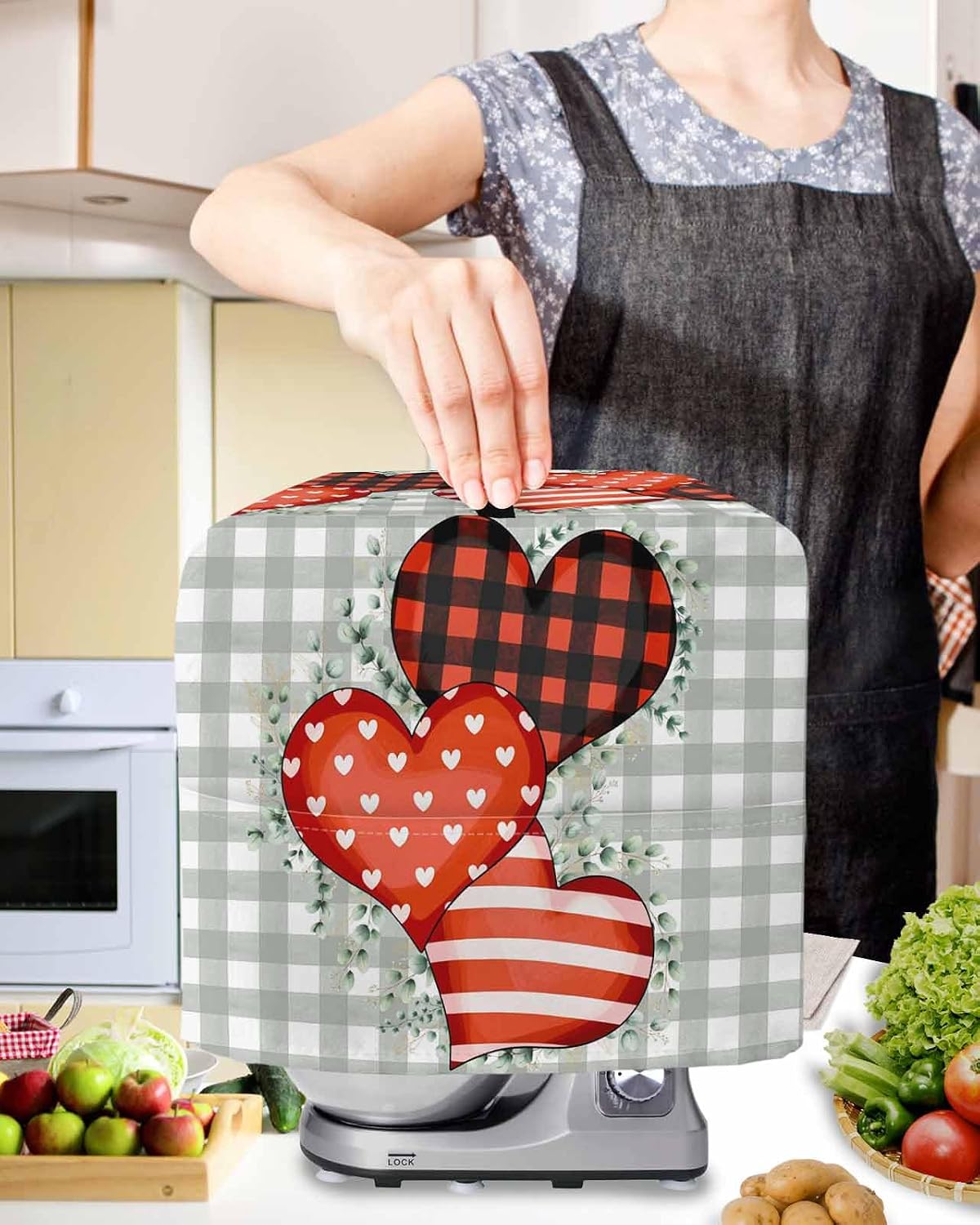 Valentine's Day Stand Mixer Cover with Storage Pocket, Waterproof Kitchen Mixer Covers, Love Heart Sage Green Leaves Buffalo Plaid Kitchen Appliance Dust Cover Compatible with 4/4.5 Quart Mixers