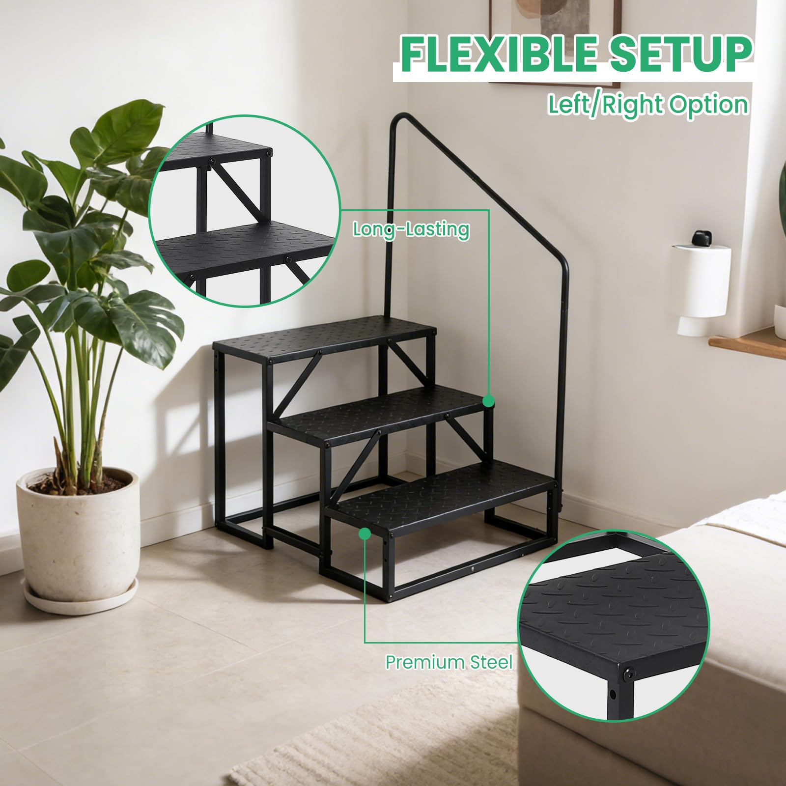 Garvee Escalier RV Stable en Acier Carbone avec Rampe – Portable, Usage externeérieur, Animaux et Spa – Capacité 300 kg – Accessoire Camping-Car – 3 marches