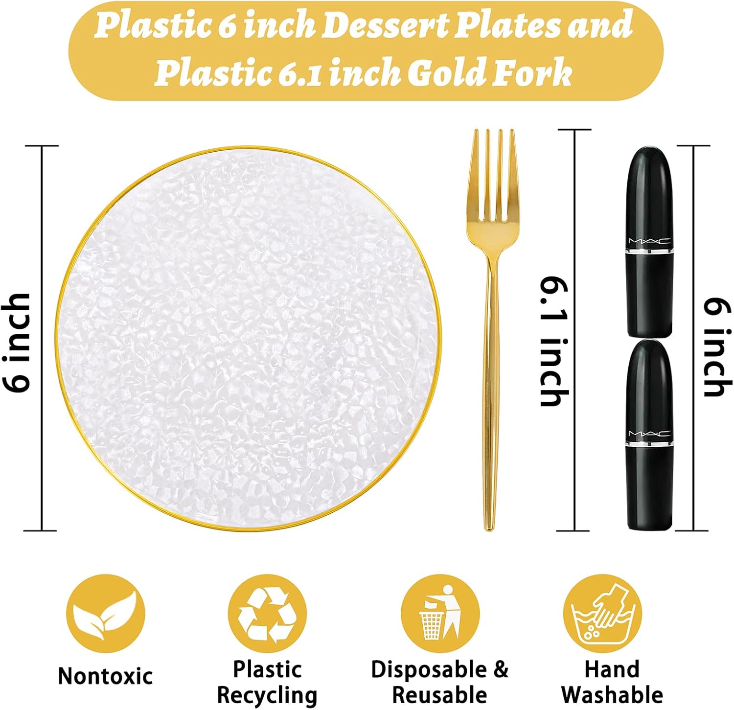 Rubtlamp 200 Pcs Clear Gold Dessert Plates with Forks, 6 inch Hammered Gold Small Disposable Plates, Fancy Appetizer Platos Include 100 Cake Plate,6 inch 100 gold Forks for Birthday, Wedding, Teatime