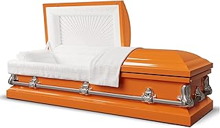 Titan Casket Elegant Orion Series Funeral Casket for Humans - Handcrafted Steel Casket with Luxurious Orange Finish & White Crepe Interior, Reinforced Handles, Adjustable Bed with Gasketed Sealer