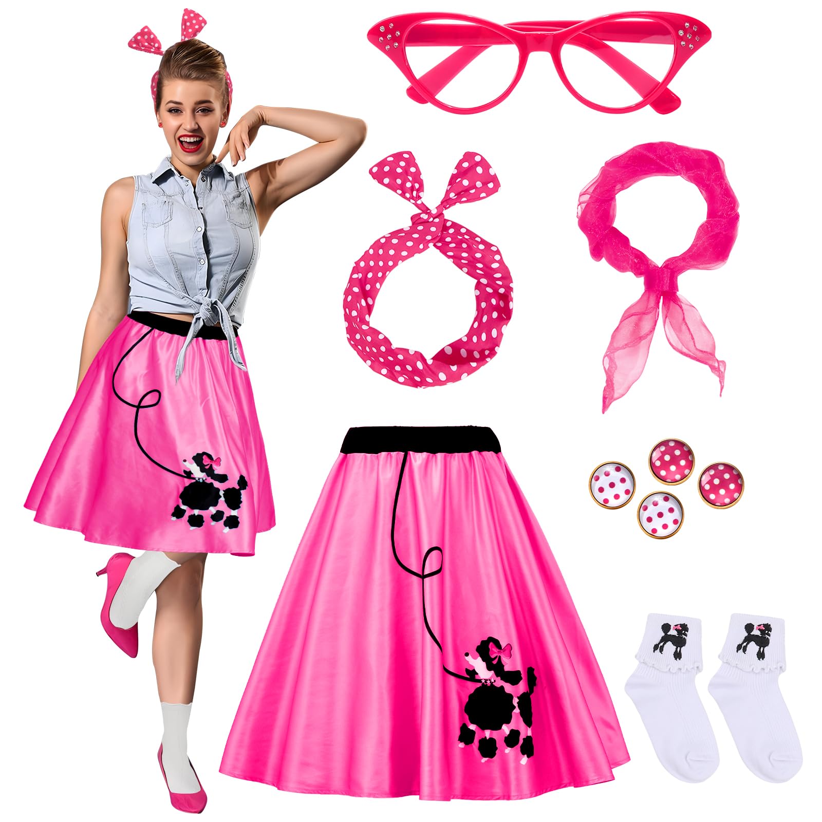 Ibeauti 50s Costumes for Women 1950s Poodle Skirt Accessories Set with Cat Eye Glasses Scarf Bandana Tie Headband Socks