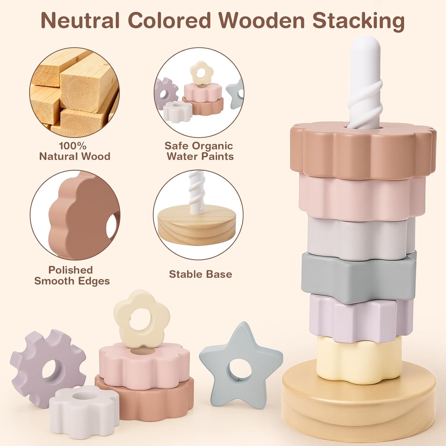 Joyreal Wooden Spinning Stacking Toys, Neutral Ring Stacker Montessori Toys for Toddlers 1-3, Christmas Birthday Gifts for Boys Girls