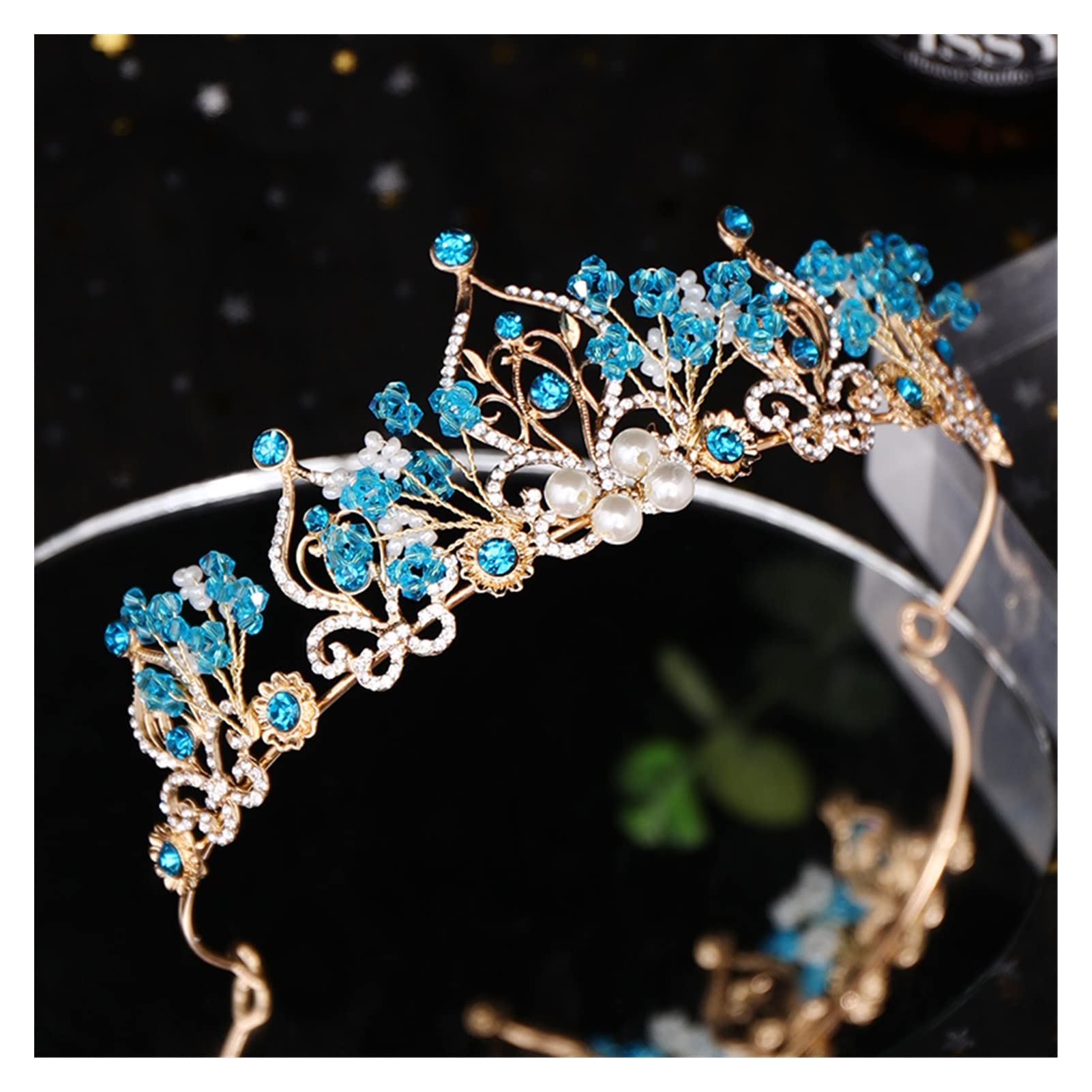 Blume Perle Blau Kristall Tiara Trendige Prinzessin Krone Braut Diadem Hochzeit Krone Diademe Haarschmuck Hochzeit Haarschmuck Tiara (Metal Color : A Blue)