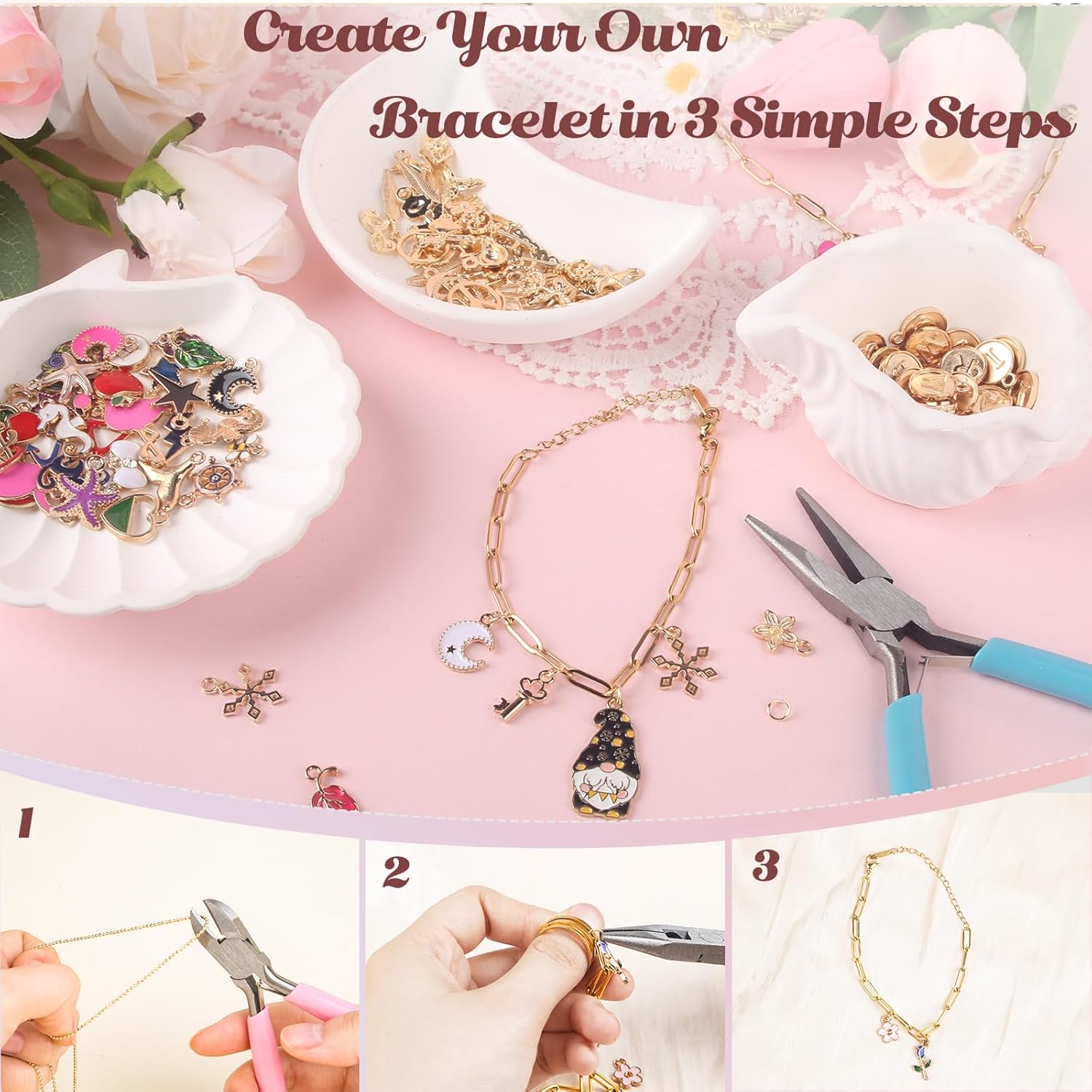 Wisreach 417 PCS Stainless Steel Gold Charm Bracelet Making Kit, DIY Jewelry Making Supplies with Paperclip Chain Bracelets, Charms & Jump Rings, Starter Craft Kit, Women & Beginners - Image 4