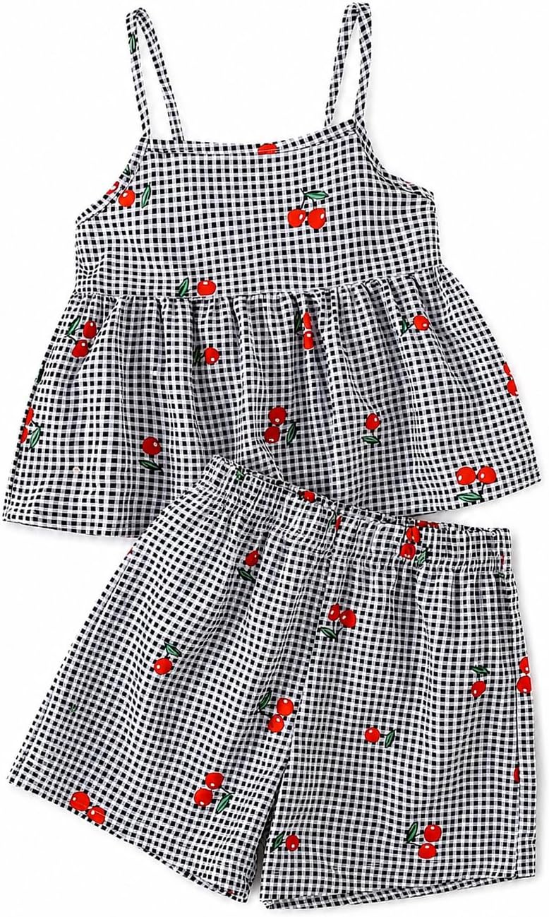 Toddler Girl Clothes Summer 2 Piece Outfit Plaid Camisole Top + Short Girl Summer Clothing,Size 4-8 Years
