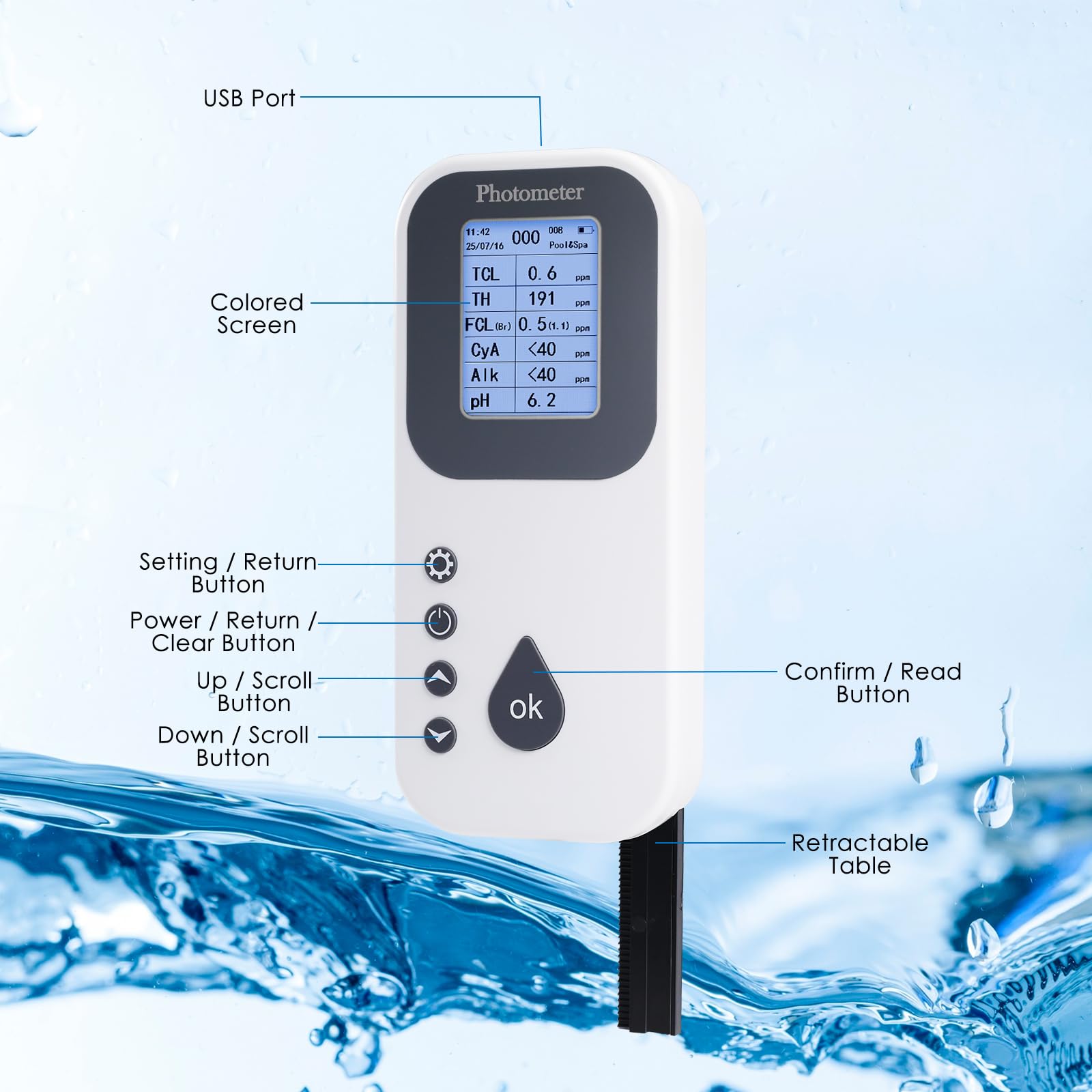 Kit di test digitale 7 in 1 per piscina: misura pH, cloro libero/totale, bromo, alcalinità, durezza, acido cianurico con display LCD e registratore per piscine, spa, idromassaggio