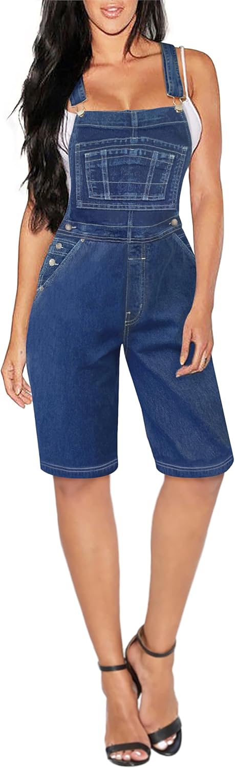 Hybrid & Company Womens Leisure Adjustable Straps Stretch Bermuda Short Denim jumpsuits Overalls