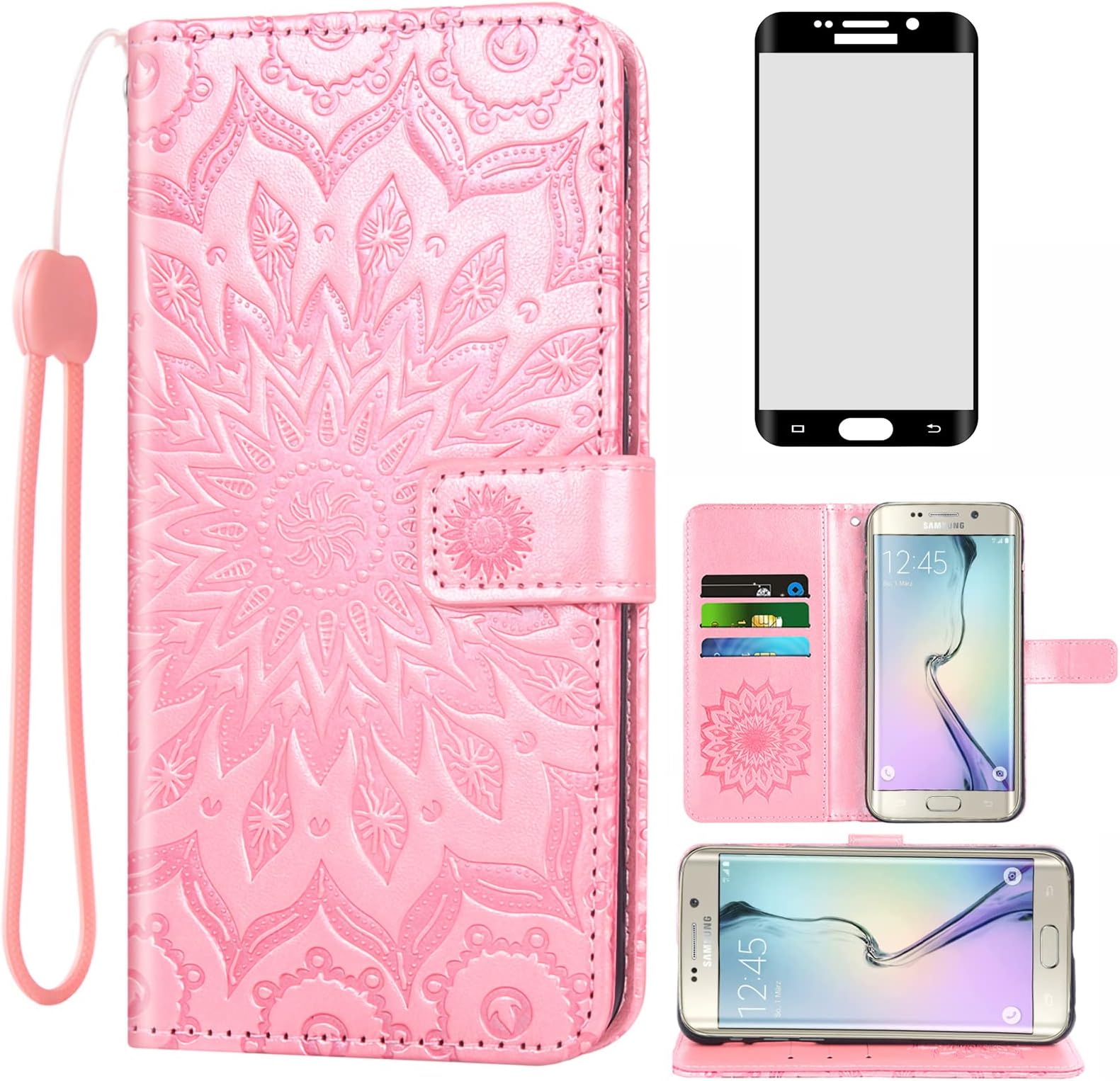 Phone Case for Samsung Galaxy S6 Edge Plus Wallet Cases with Tempered Glass Screen Protector Leather Flip Cover Card Holder Stand Cell Accessories Glaxay S6edge + S 6edge 6s 6 Edge+ Women Rose Gold