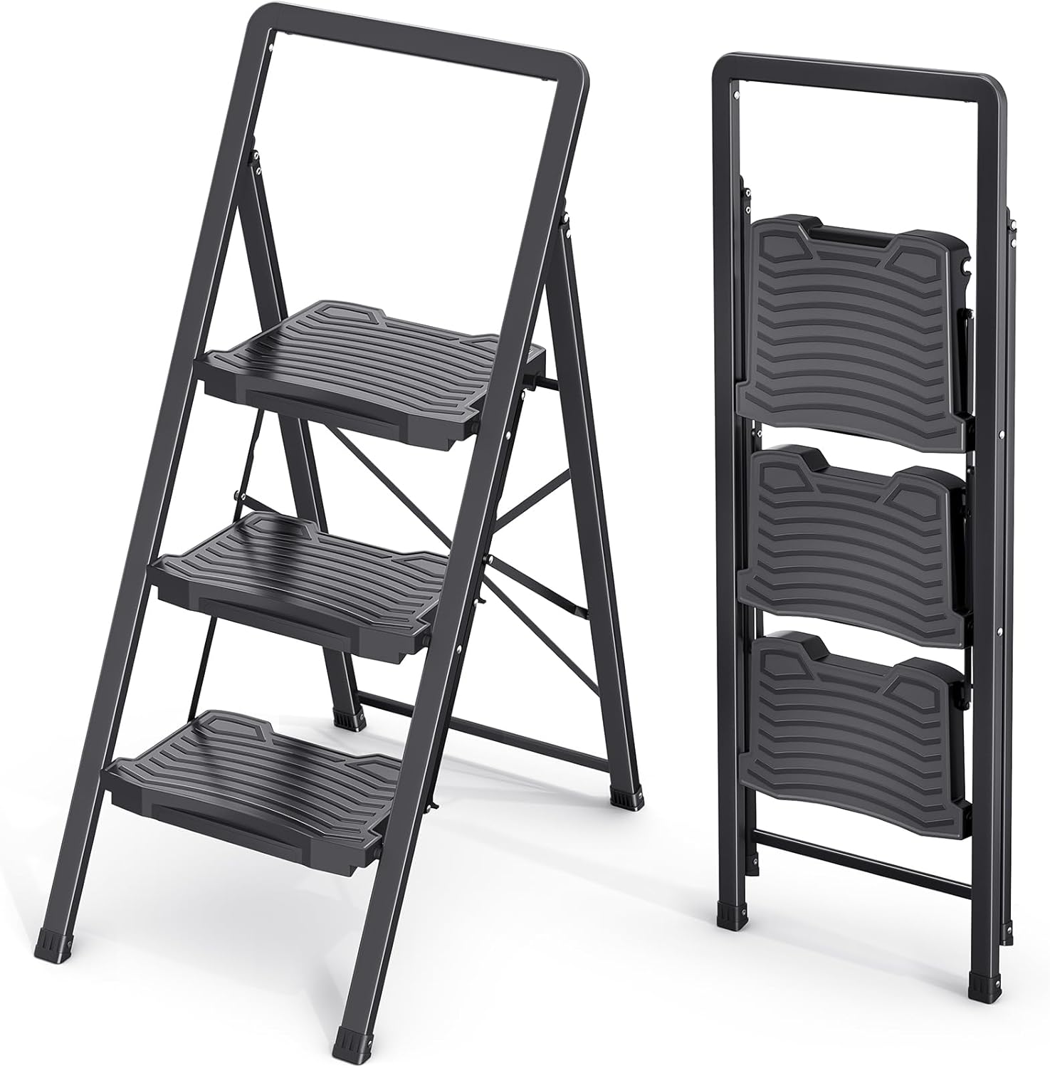 KINGRACK 3 Step Ladder, Folding Step Stool with Anti-Slip Wide Pedals, Handrail & Safety Lock, 800 lbs Capacity, Heavy Duty Steel Construction, Space Saving Portable for Home Kitchen - Black