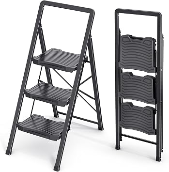KINGRACK 3 Folding Step Ladder with Handrail, Steel Step Stool, Black