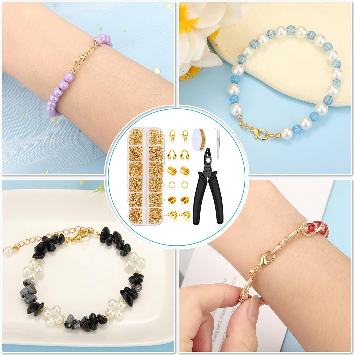 Acejoz 1200 Pcs Gold Crimp Beads Kit, Jewelry Making Supplies Include Crimp Covers, Crimp Tubes, Wire Guardians, Lobster Clasps, Jump Rings, Pliers and Beading Wire for Jewelry Making - Image 7