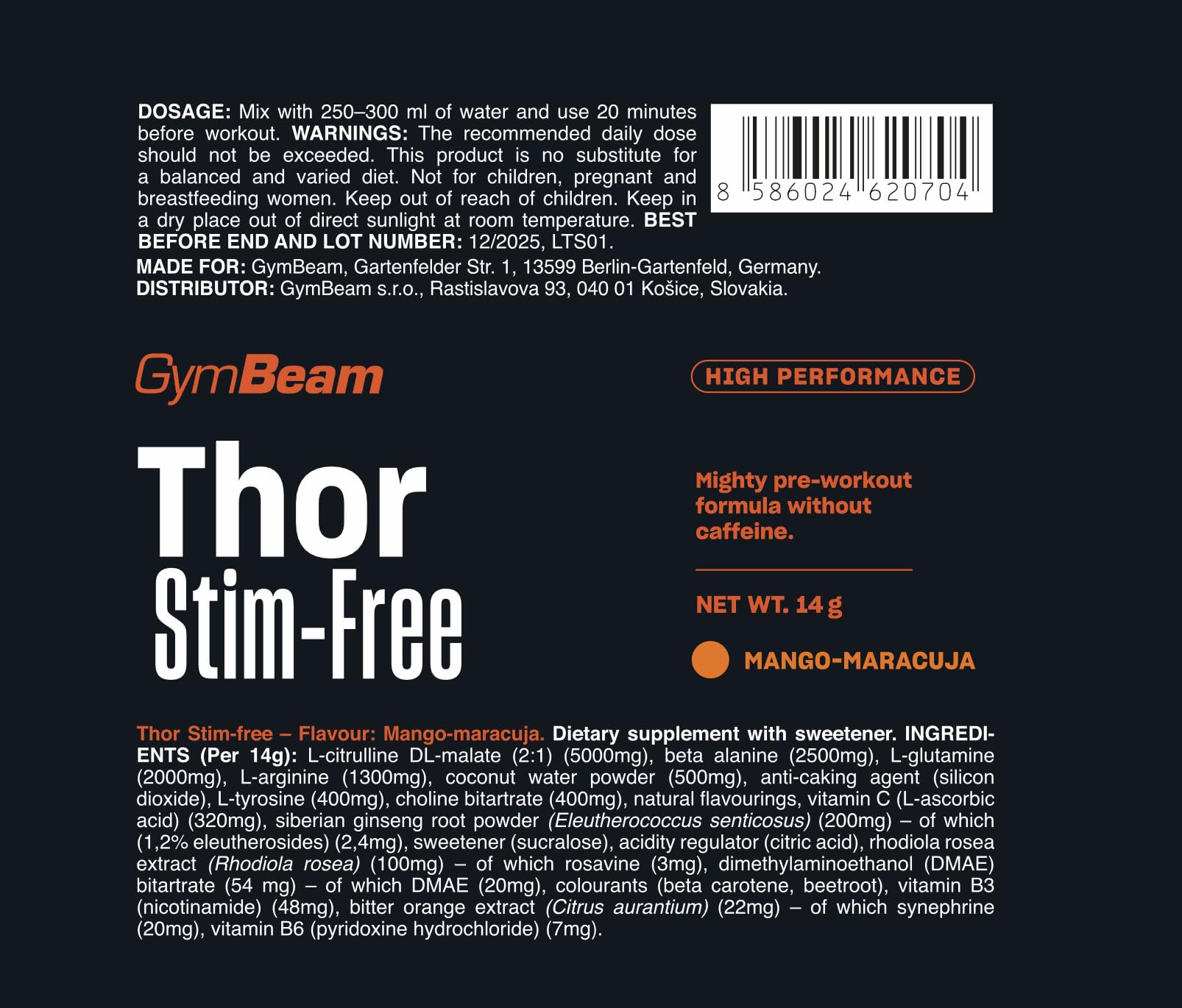 GymBeam - Thor Stim-Free Pre Workout 420 g, Pre Workout Senza Caffeina, Booster per Crescita Muscolare e Prestazioni Elevate, Riduce Affaticamento e Spossatezza (420 g, Mango-Maracuja)