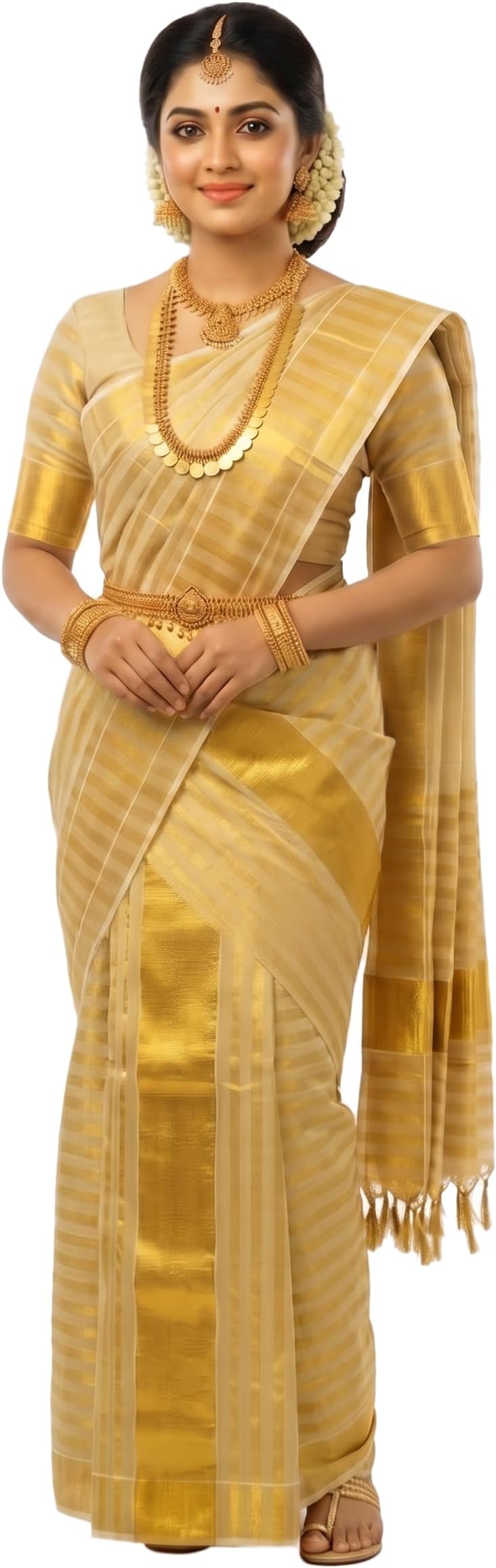 Women's Kerala Traditional Flora Tissue Kasavu Set Mundu With Tassels 2.00x2.80 Meters