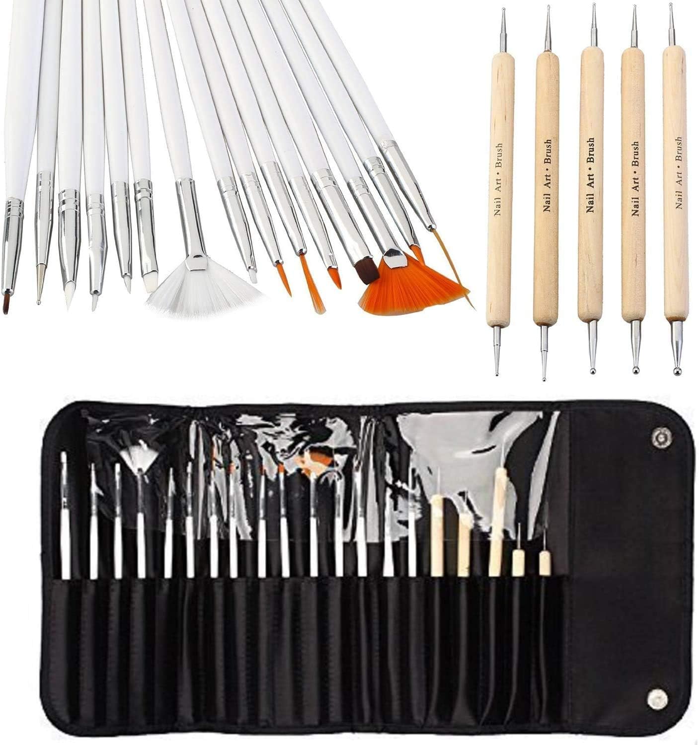 20 Pcs Nail Art Tool Manicure Black Kit - 15 Pcs Nail Art Brushes Nail Art Design Painting Detailing Brushes Tool + 5 Pcs Natural Wooden Dotting Pen Nail Polish Paint Manicure Dot Marbleizing Tool