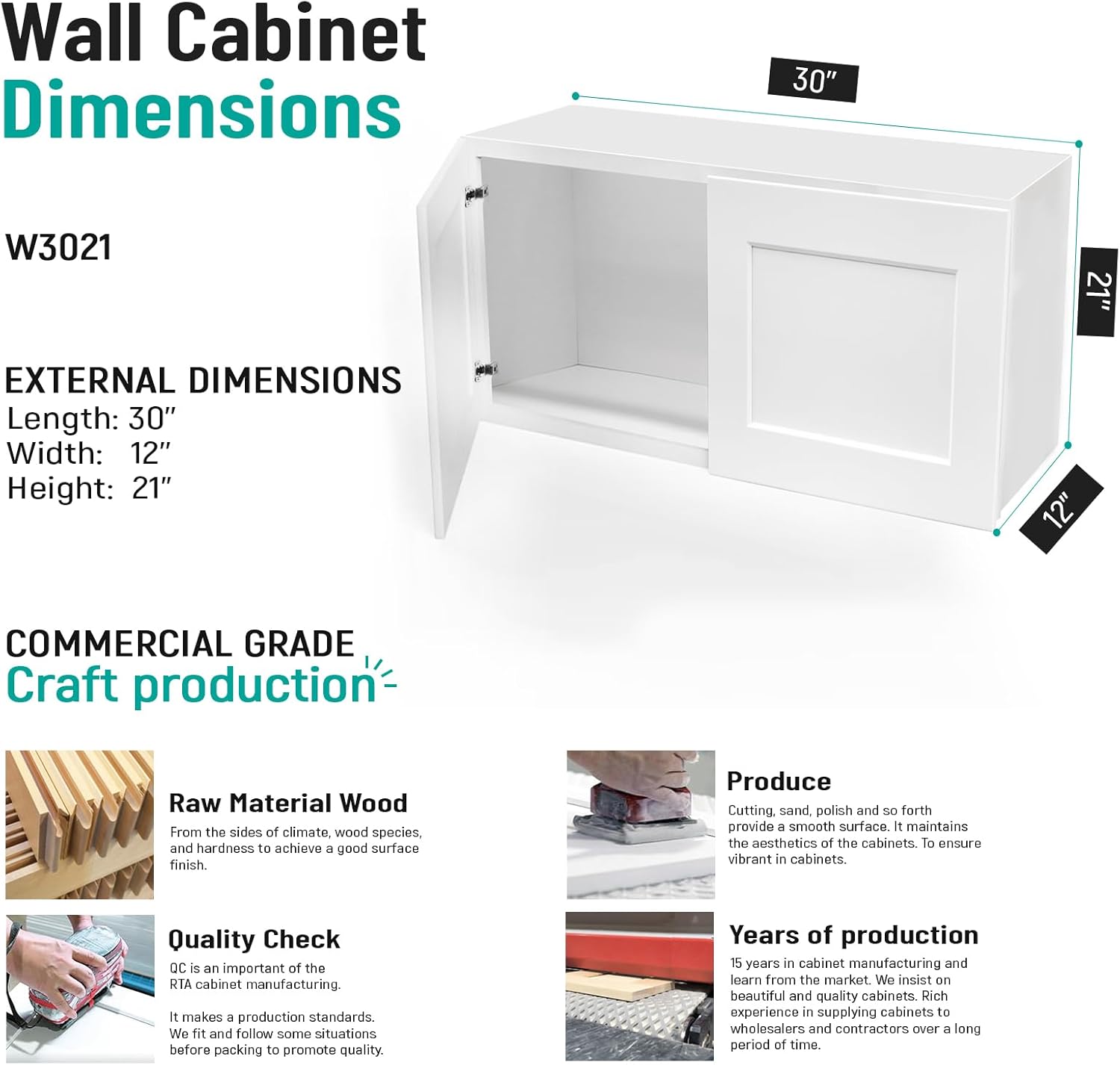 Wall Cabinet, Upper Kitchen Cabinet, Kitchen Wall Cabinets, Bridge Cabinet, Soft Close, Ready to Assemble, Paint Finish, Unassemble, White Shaker (White, 30" W X 21" H X 12" D)