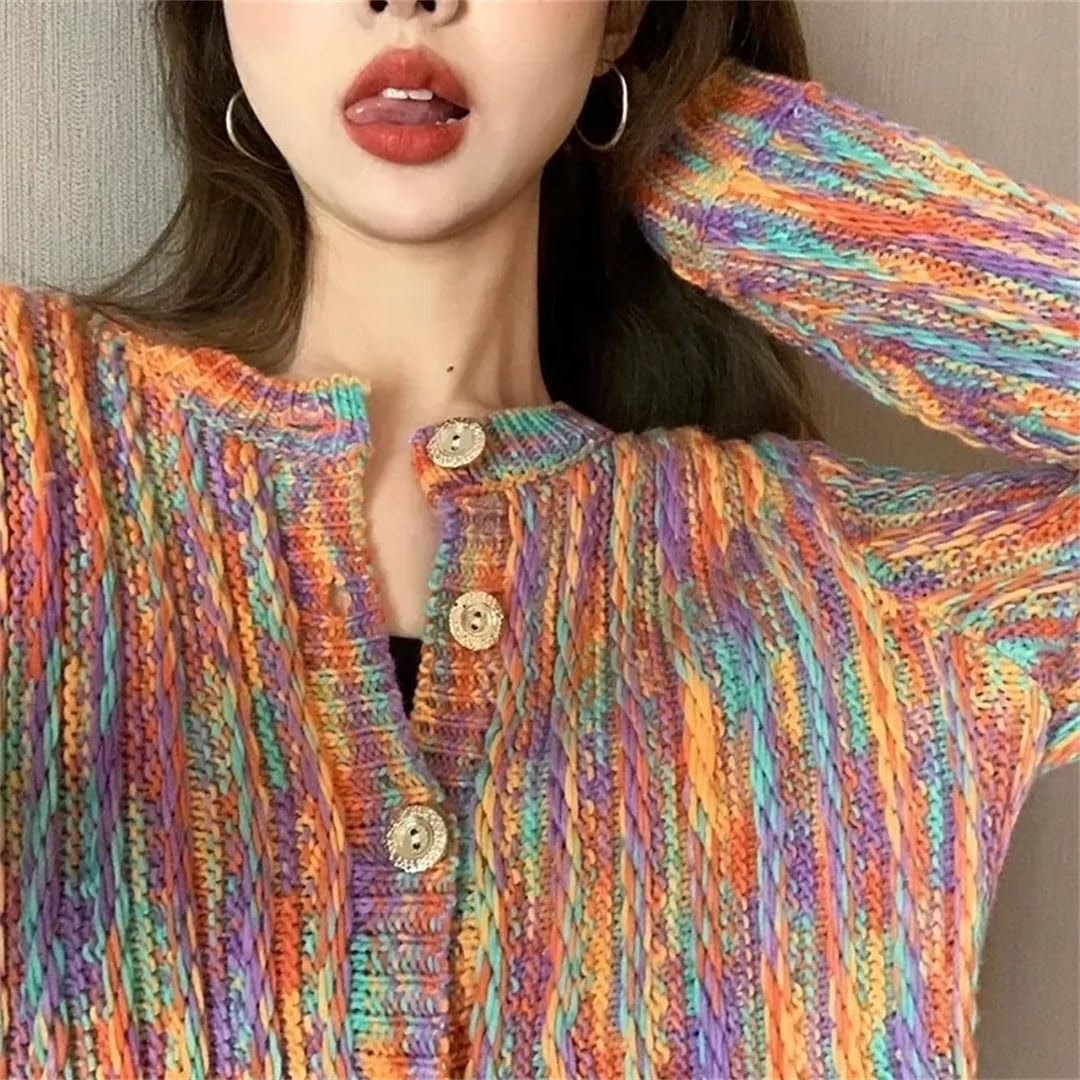 Women's Rainbow Color Cardigan with Buttons Autumn Winter Long Sleeve Knit Cardigan Sweaters