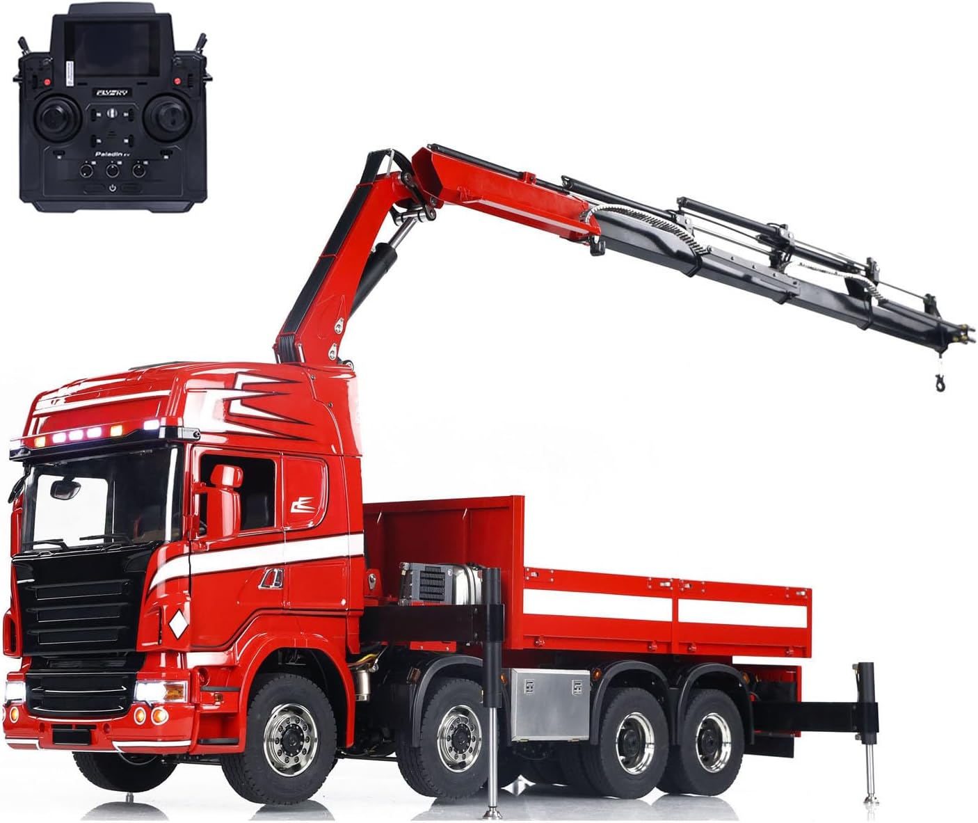 1/14 8X8 Hydraulic RC Crane Tractor Truck Electric Car Quick Attached Bucket 3-Speed Transmission Differential Lock Axles Light Sound System Hobby Grade Model(Red Black and White)