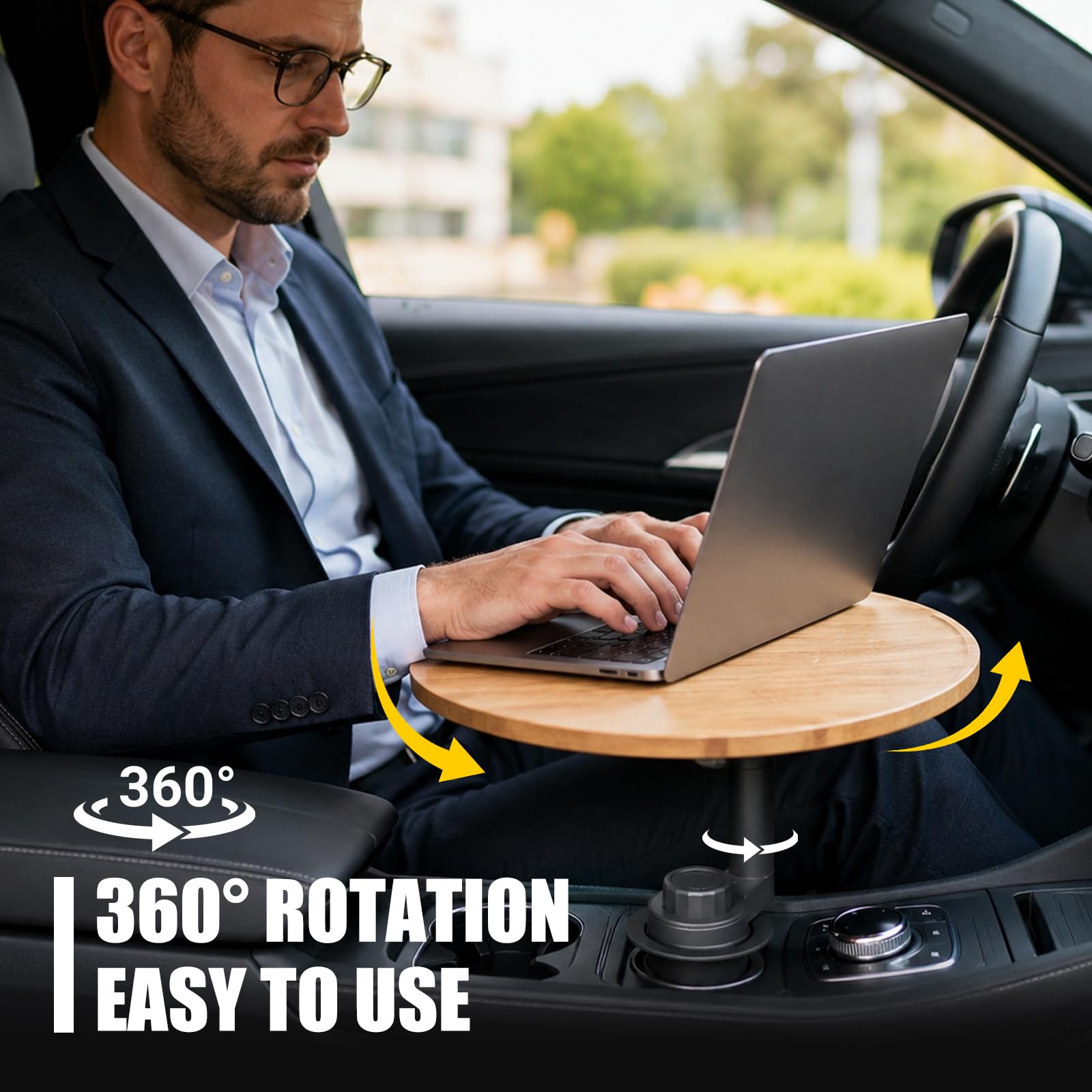 Autotisch aus Massivholz, 360° drehbar, passend für Getränkehalter (6,5–9 cm), 33×28 cm oder Ø33 cm, 1,3 cm dick, mit erhöhtem Rand, für Essen, Arbeit & Make-up im Auto (Ø33 cm)