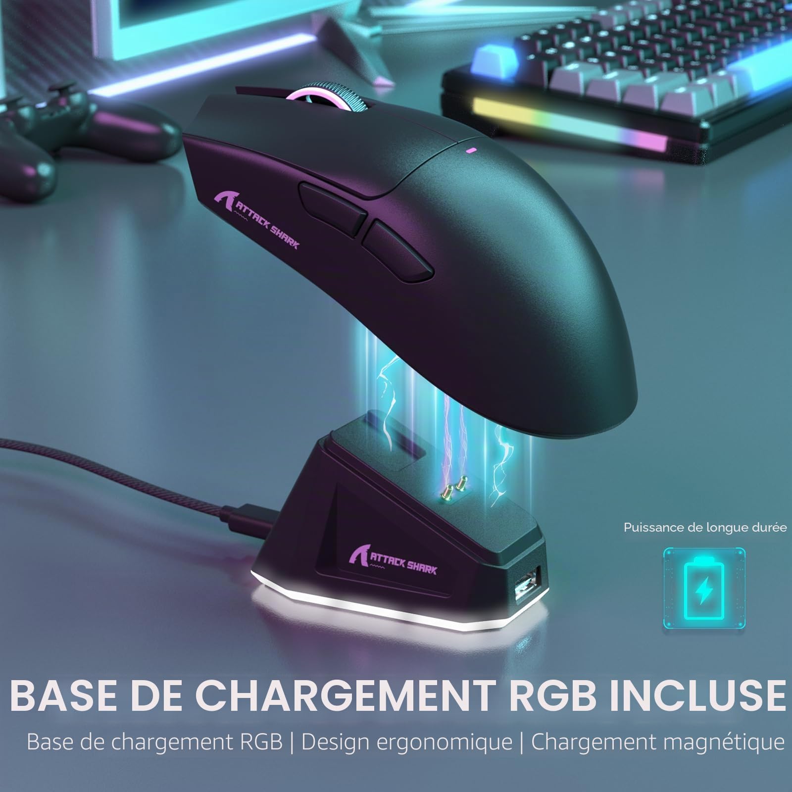 LexonElec x Attack Shark X11 Souris de Jeu sans Fil avec Station de Chargement Magnétique RVB, PixArt PAW3311, Souris de Jeu Tri-Mode Ultralégère 59 g, Filaire/2,4 G/BT, 22K DPI-Black