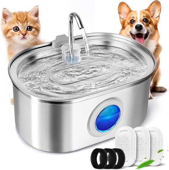 Cat Water Fountain Stainless Steel, 3.2L/108oz Cat Dog Fountain Water Bowl with Water Level