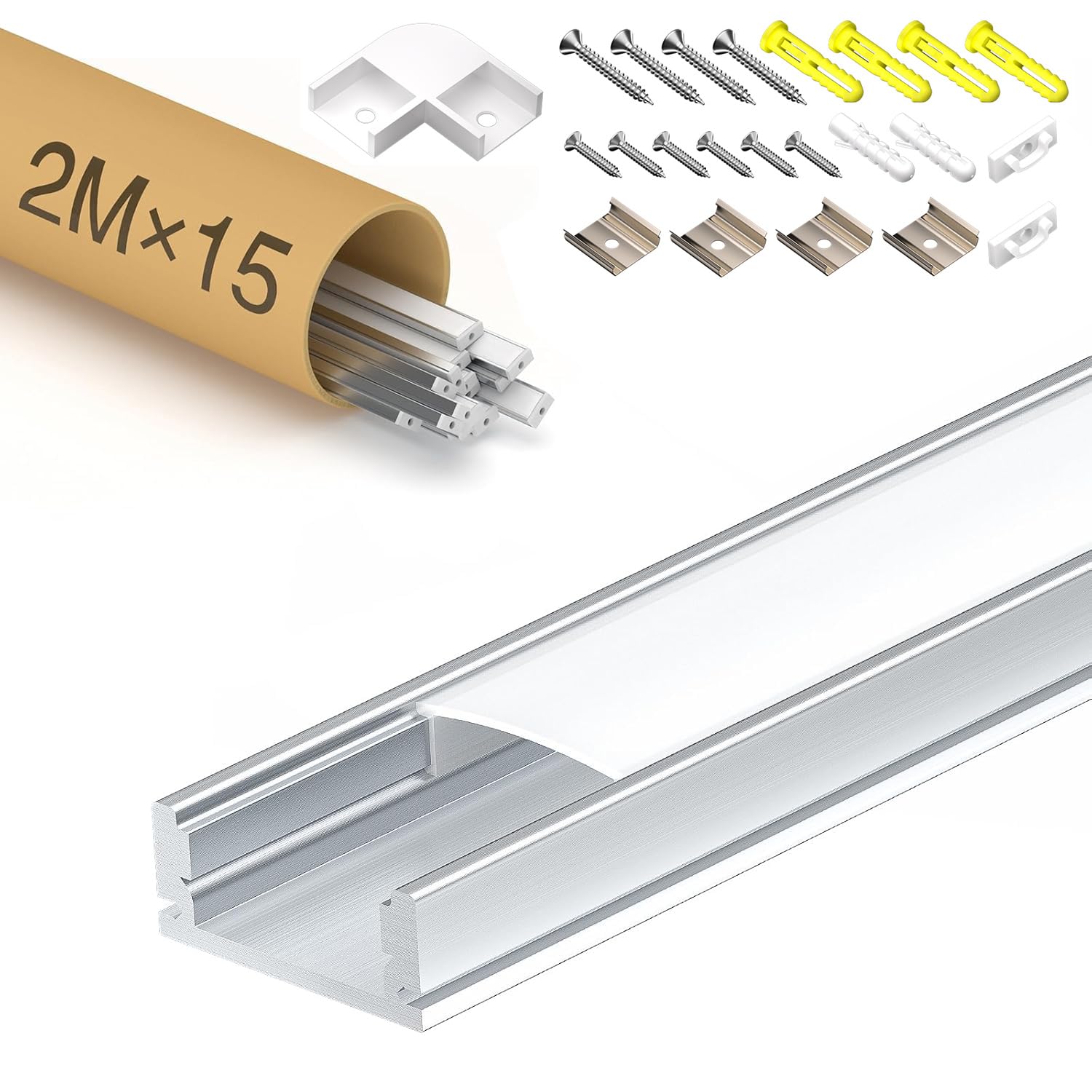 Profili LED alluminio per strisce luminose LED, 15 x 2 m profilo alluminio con coperchio opaco (30 m), dimensioni 17,4 x 7 mm - larghezza massima striscia LED 12 mm