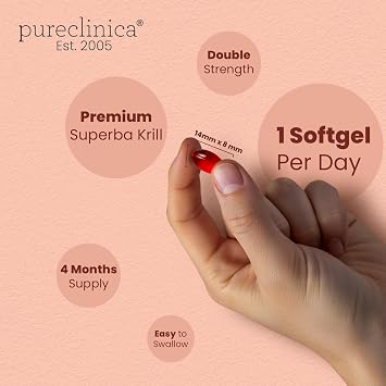 pureclinica Ultra Pure Superba Krill Oil 500mg x 120 Capsules - Sourced in The Unpolluted Waters of Antarctic Providing a Rich Supply of Astaxanthin, Omega 3 and Vitamin D