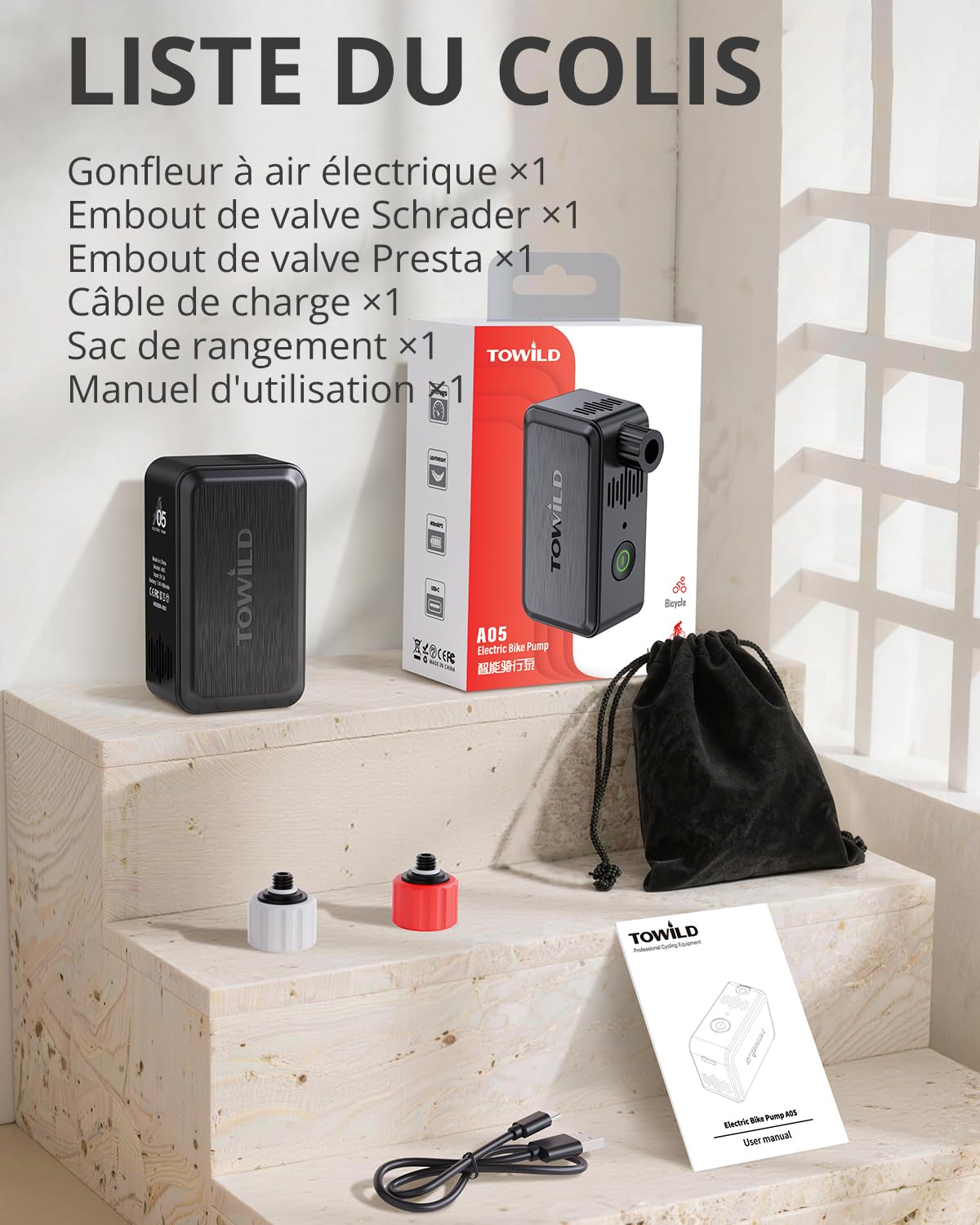 TOWILD A05 Pompe À Vélo Électrique avec Lumière LED, Max 130 PSI Mini Compresseur d'air avec Valves Presta et Schrader Pompe Portable avec Batterie Intégrée 2×400 mAh, Rechargeable USB-C