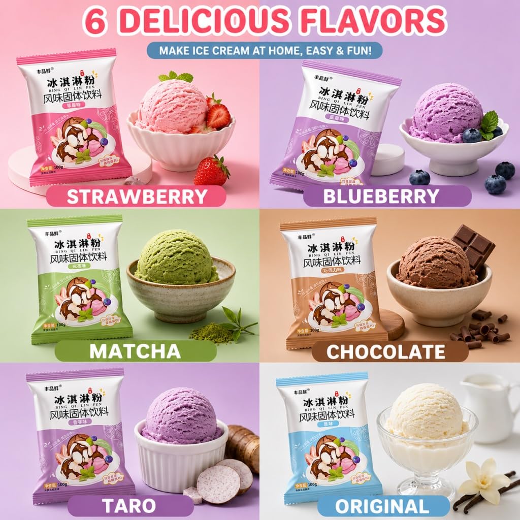 Miscela Di Gelato In Polvere A 6 Gusti - Base For Dessert Fatto In Casa Fai Da Te For Dolci E Negozi, Confezione 100 G (fragola, Mirtillo, Matcha, Cioccolato, Taro, Originale)