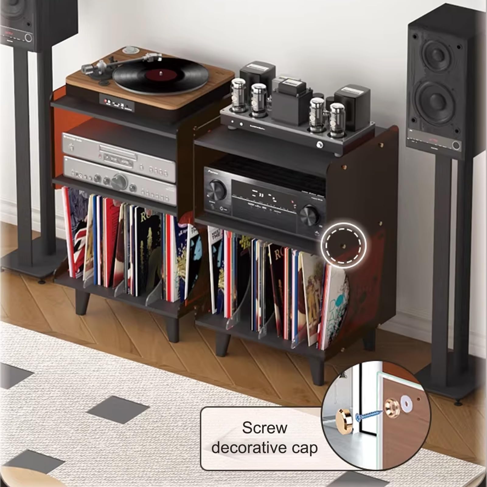 Stolik w stylu vintage z akrylowym uchwytem na płyty CD, retro szafka do przechowywania płyt winylowych, mały stojak na media na winyl i filmy, stylowy czarny i przezroczysty design