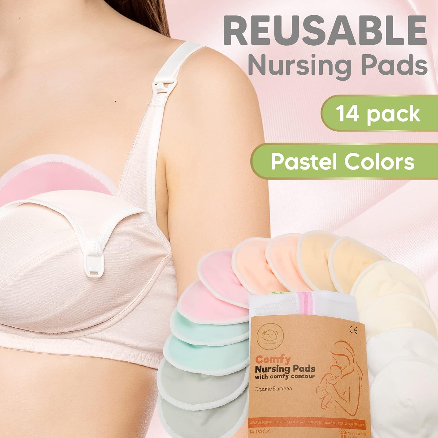 KeaBabies Organic Nursing Breast Pad and Postpartum Belly Band Bundle - 14 Washable Pads + Wash Bag (Pastel Touch, M) - 3 in 1 Postpartum Belly Support Recovery Wrap (Classic Ivory, OS)