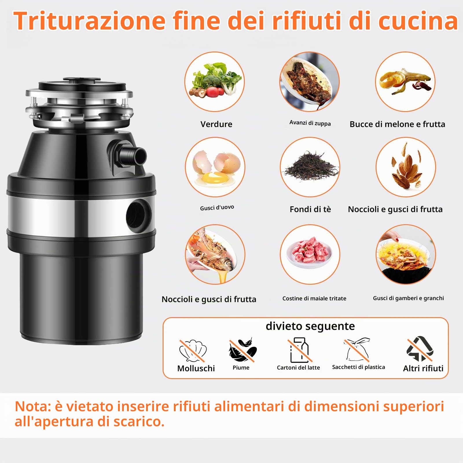 Dissipatore di rifiuti alimentari con interruttore dell'aria, 560W sotto il